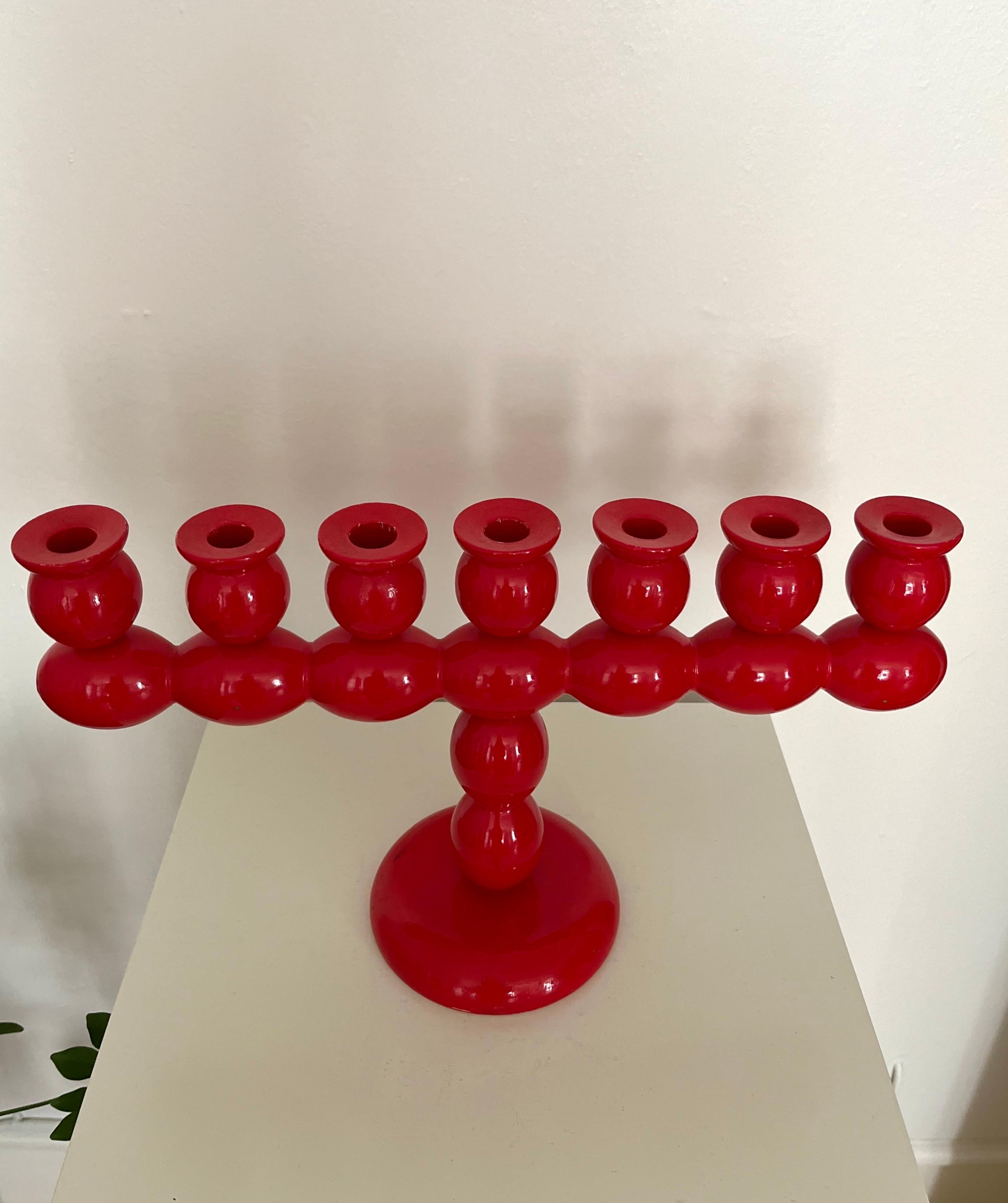 Swedish Red Lacquered Wood Candelabra, 1970s For Sale 2