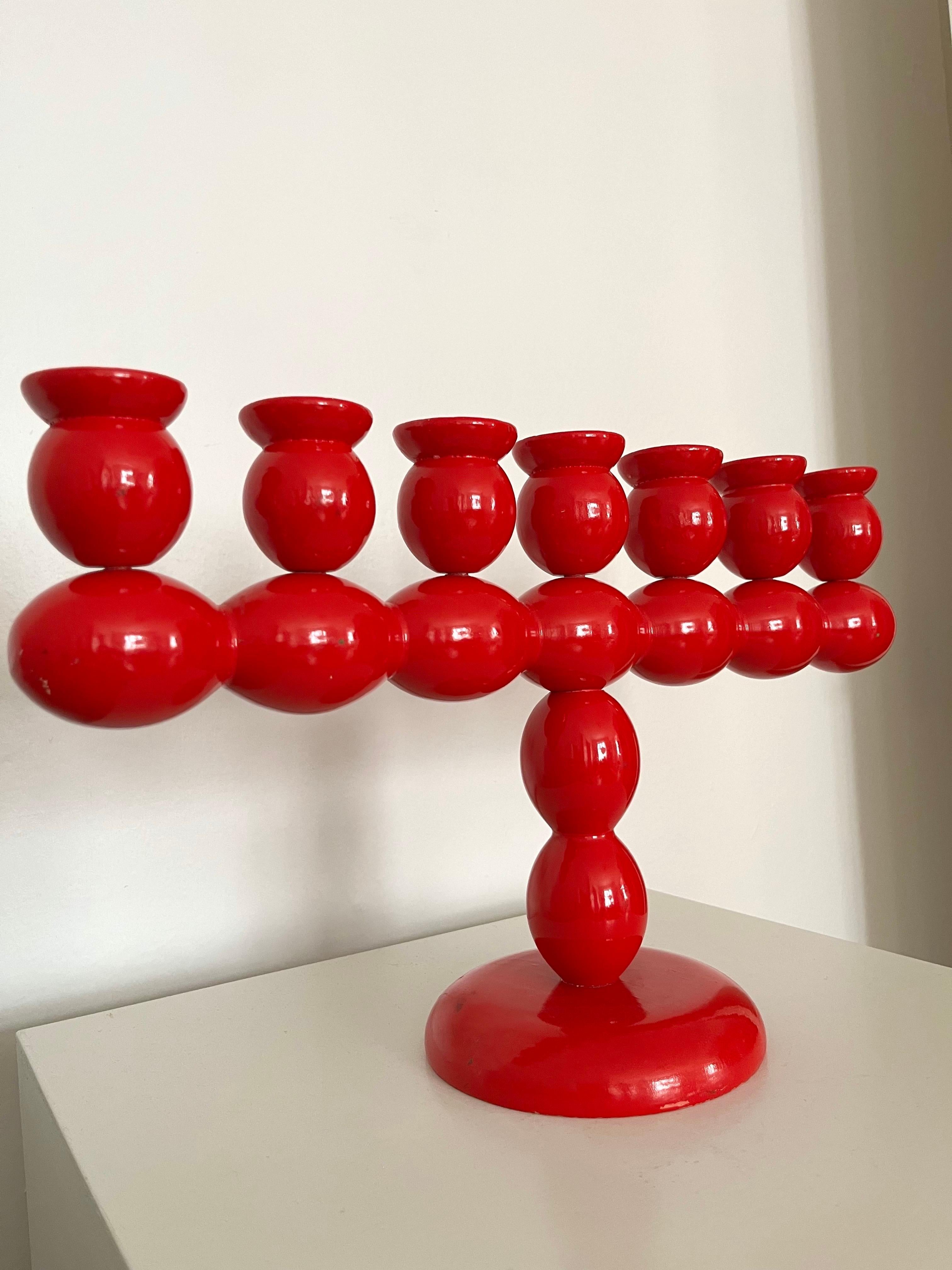 Swedish Red Lacquered Wood Candelabra, 1970s For Sale 3
