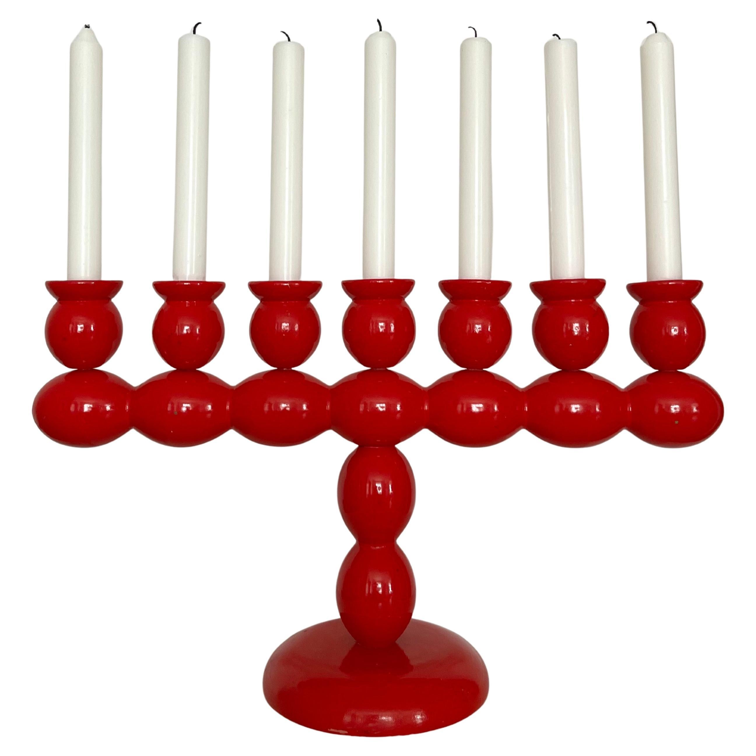 Swedish Red Lacquered Wood Candelabra, 1970s For Sale