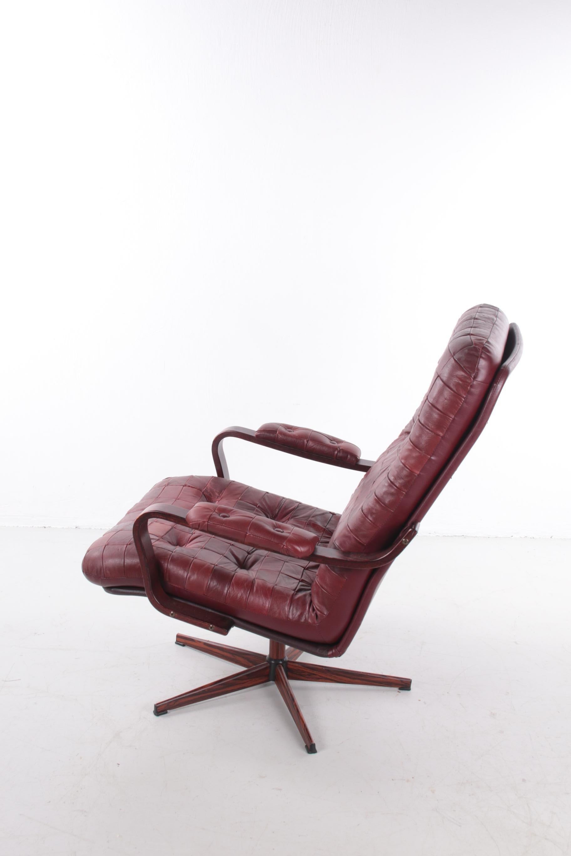 Swedish Red Leather Patches Armchair Rotatable In Good Condition In Oostrum-Venray, NL