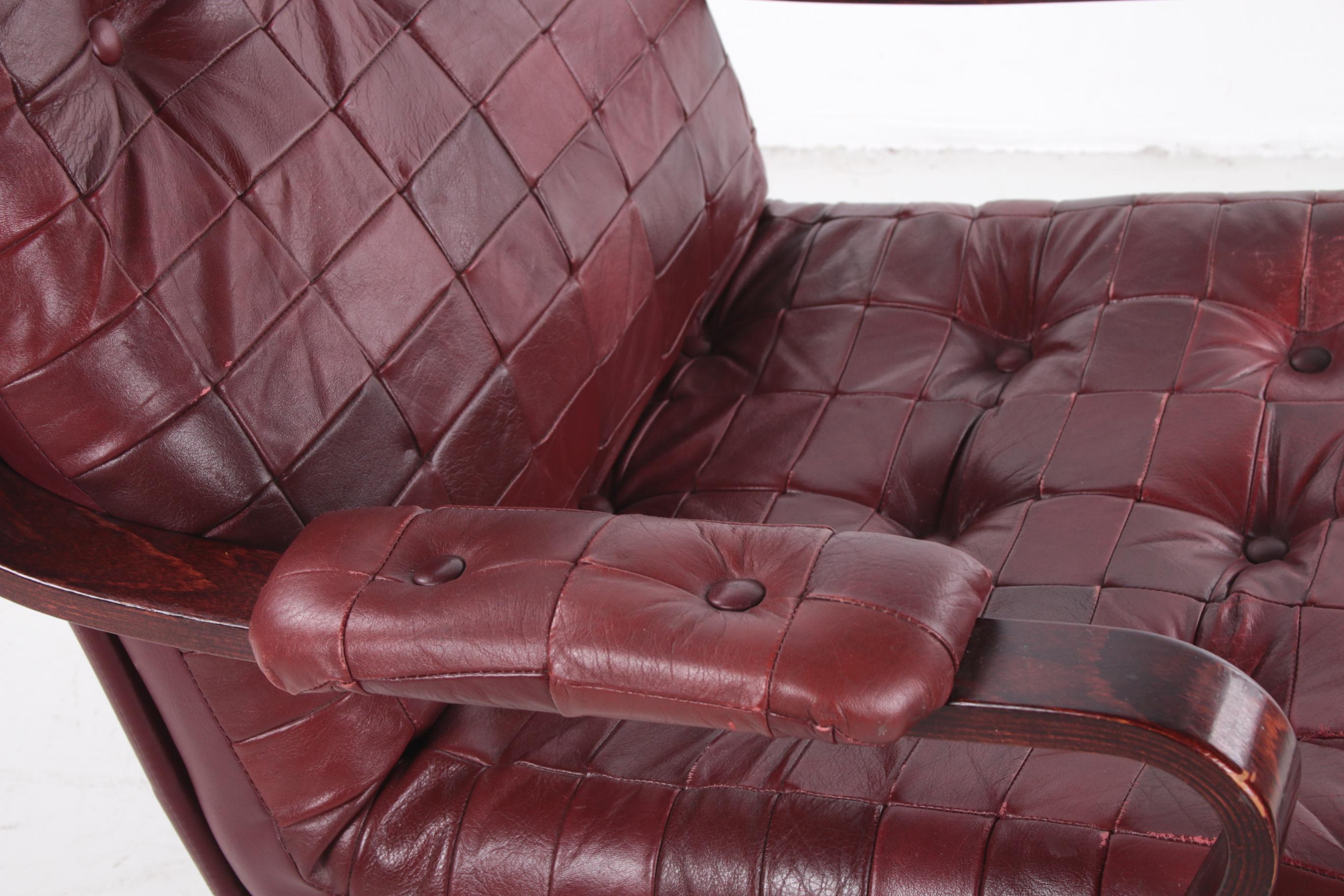 Late 20th Century Swedish Red Leather Patches Armchair Rotatable