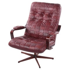 Swedish Red Leather Patches Armchair Rotatable