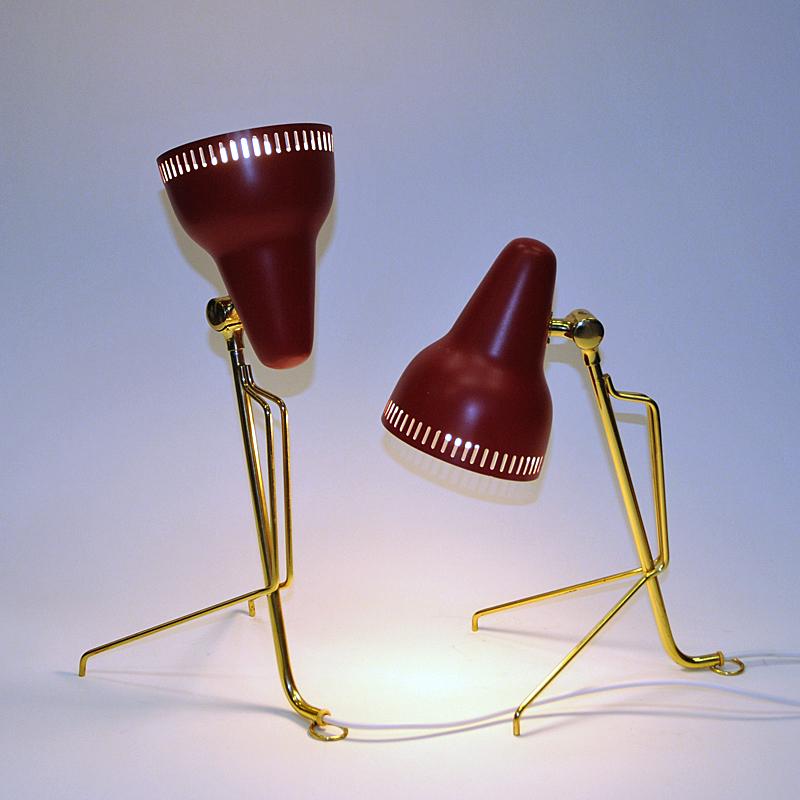 Lacquered Swedish Red metal and brass desk lamp pair by Falkenberg 1950s For Sale