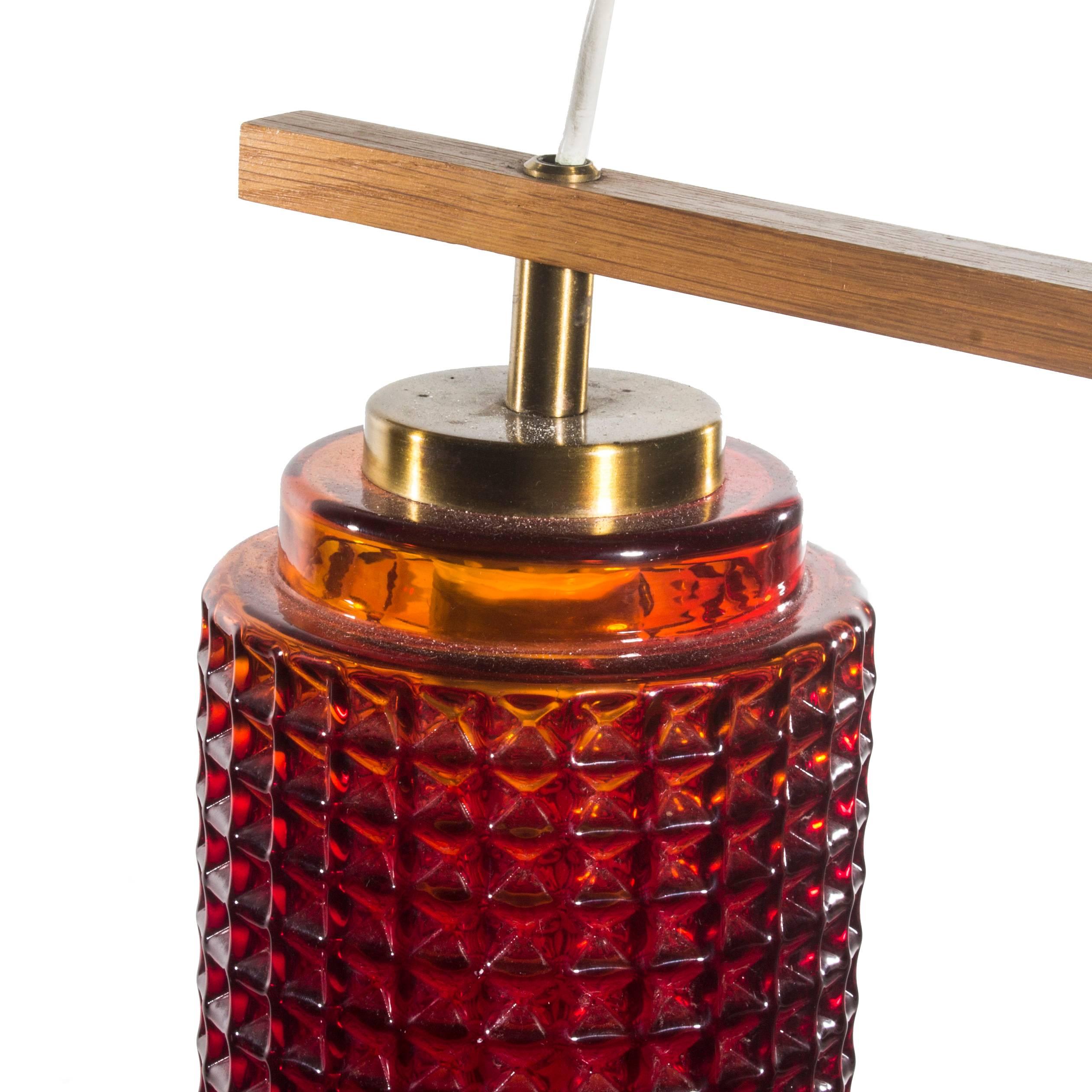 Scandinavian Modern Swedish Red Pendant Light in Glass with Brass Details and Teak Frame  For Sale