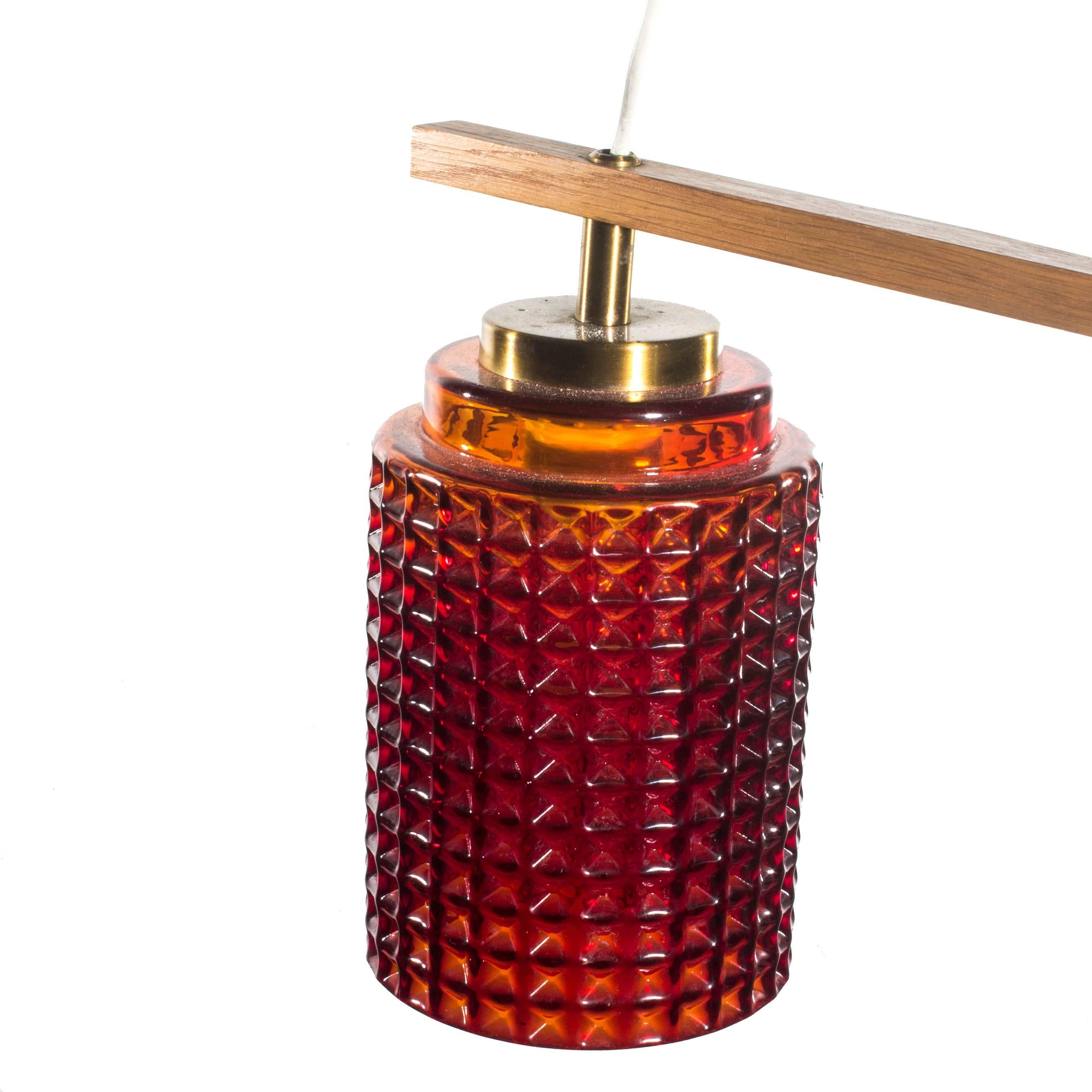 20th Century Swedish Red Pendant Light in Glass with Brass Details and Teak Frame  For Sale