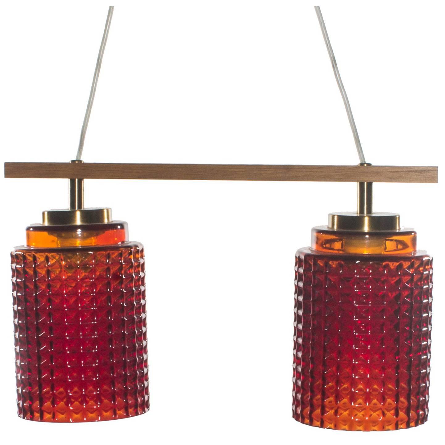 Swedish Red Pendant Light in Glass with Brass Details and Teak Frame  For Sale