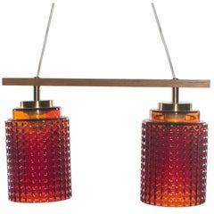 Swedish Red Pendant Light in Glass with Brass Details and Teak Frame 