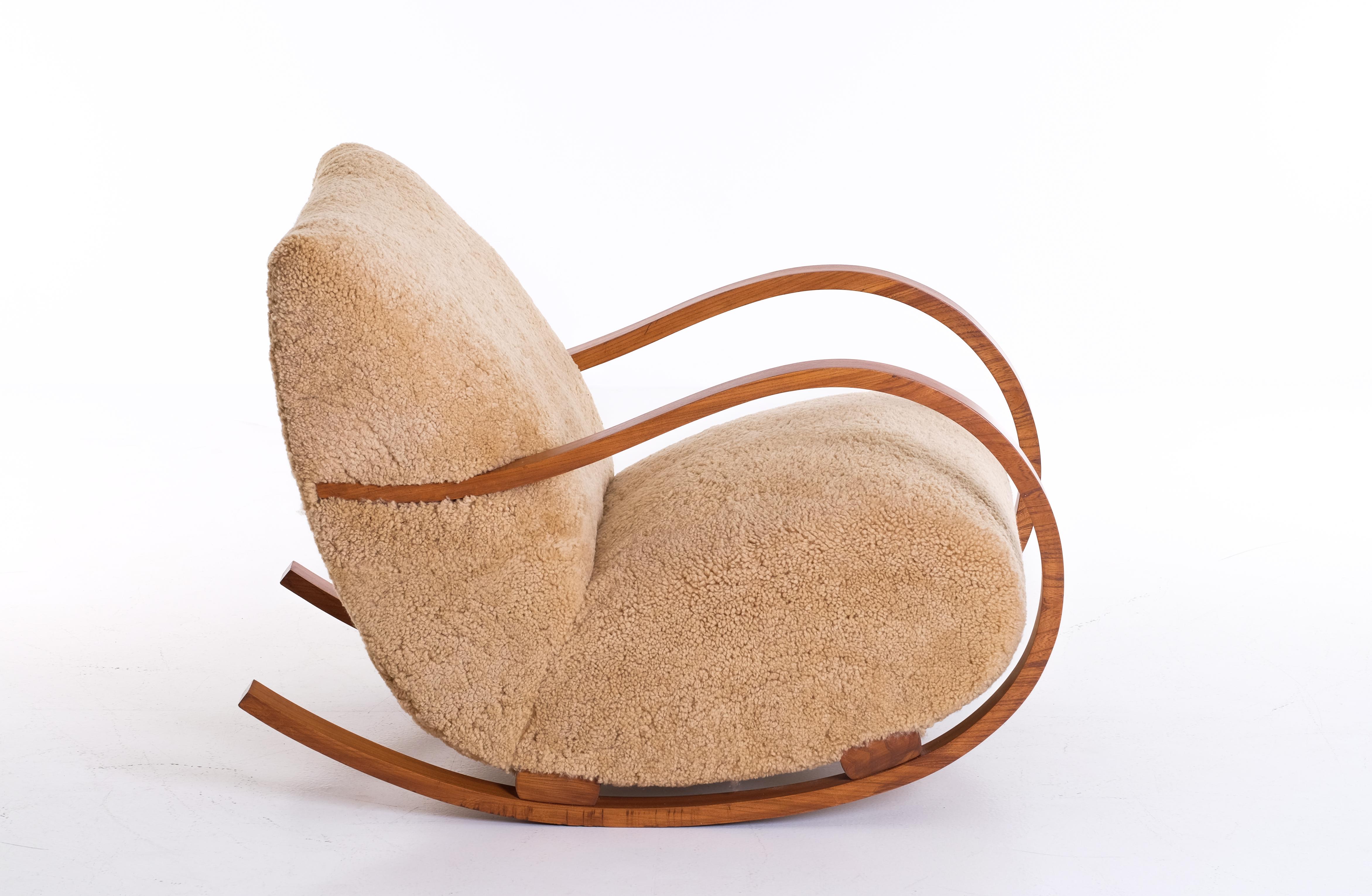 Scandinavian Modern Swedish Rocking Chair in Sheepskin, 1940s For Sale