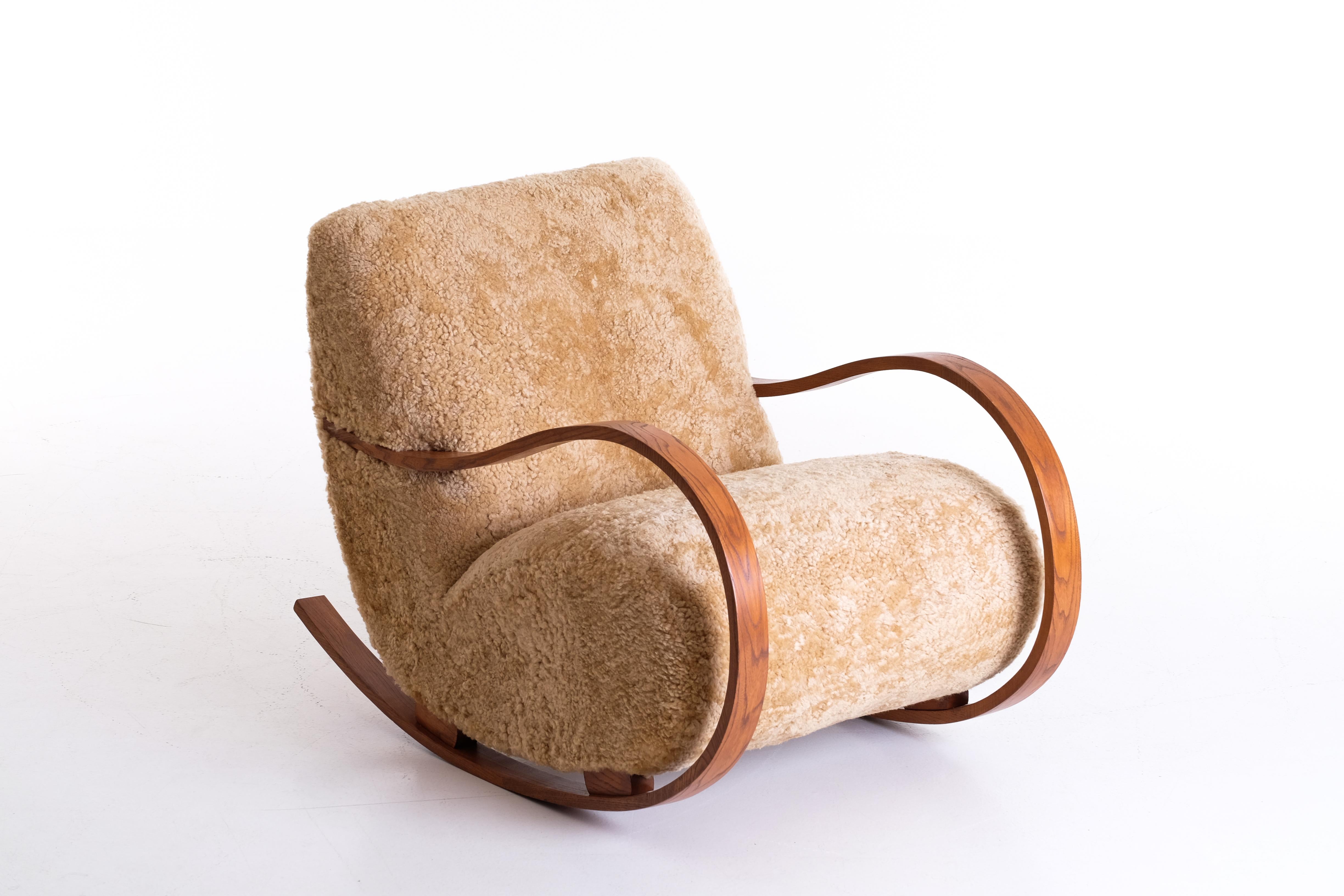 Scandinavian Modern Swedish Rocking Chair in Sheepskin, 1940s For Sale