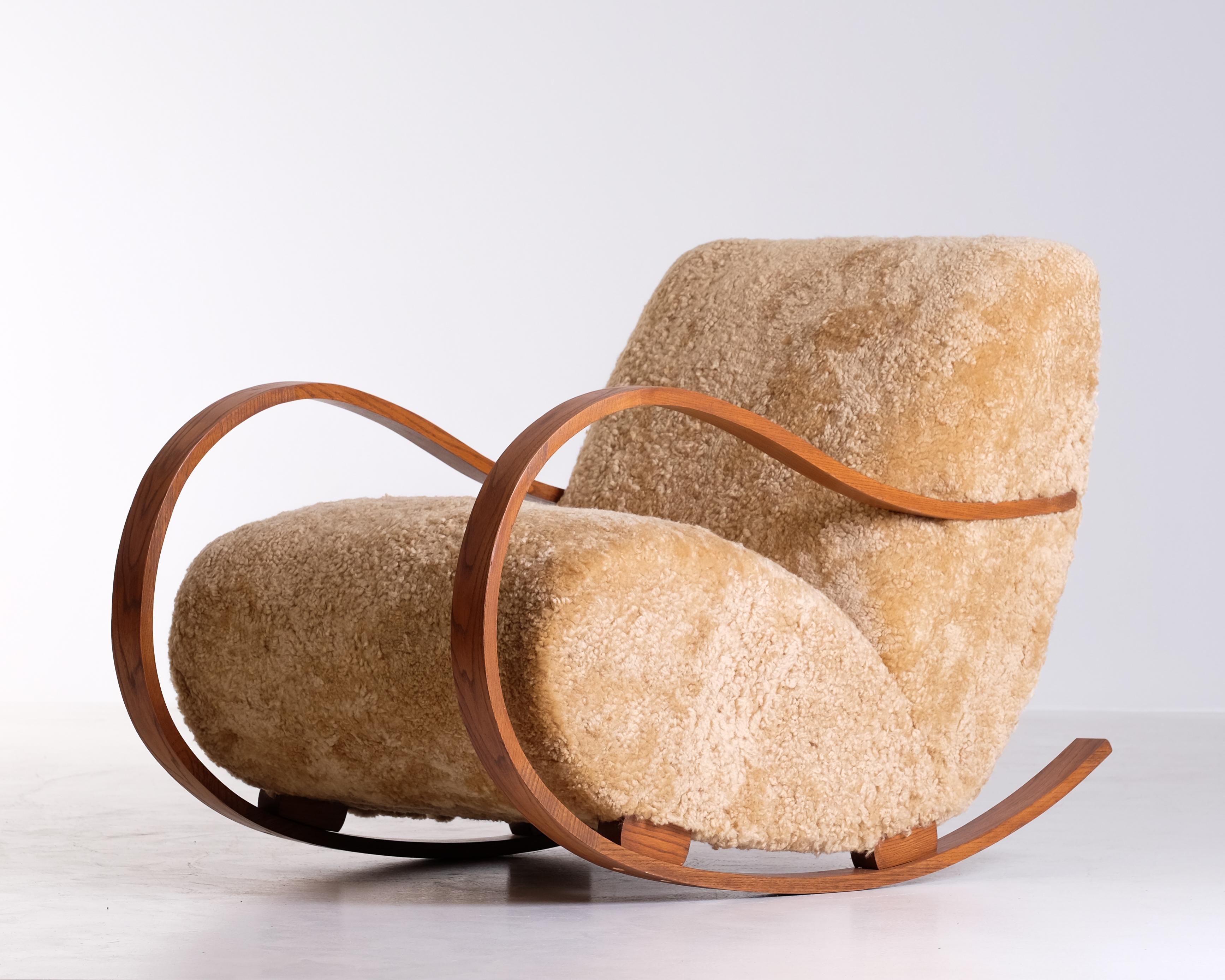Mid-20th Century Swedish Rocking Chair in Sheepskin, 1940s For Sale
