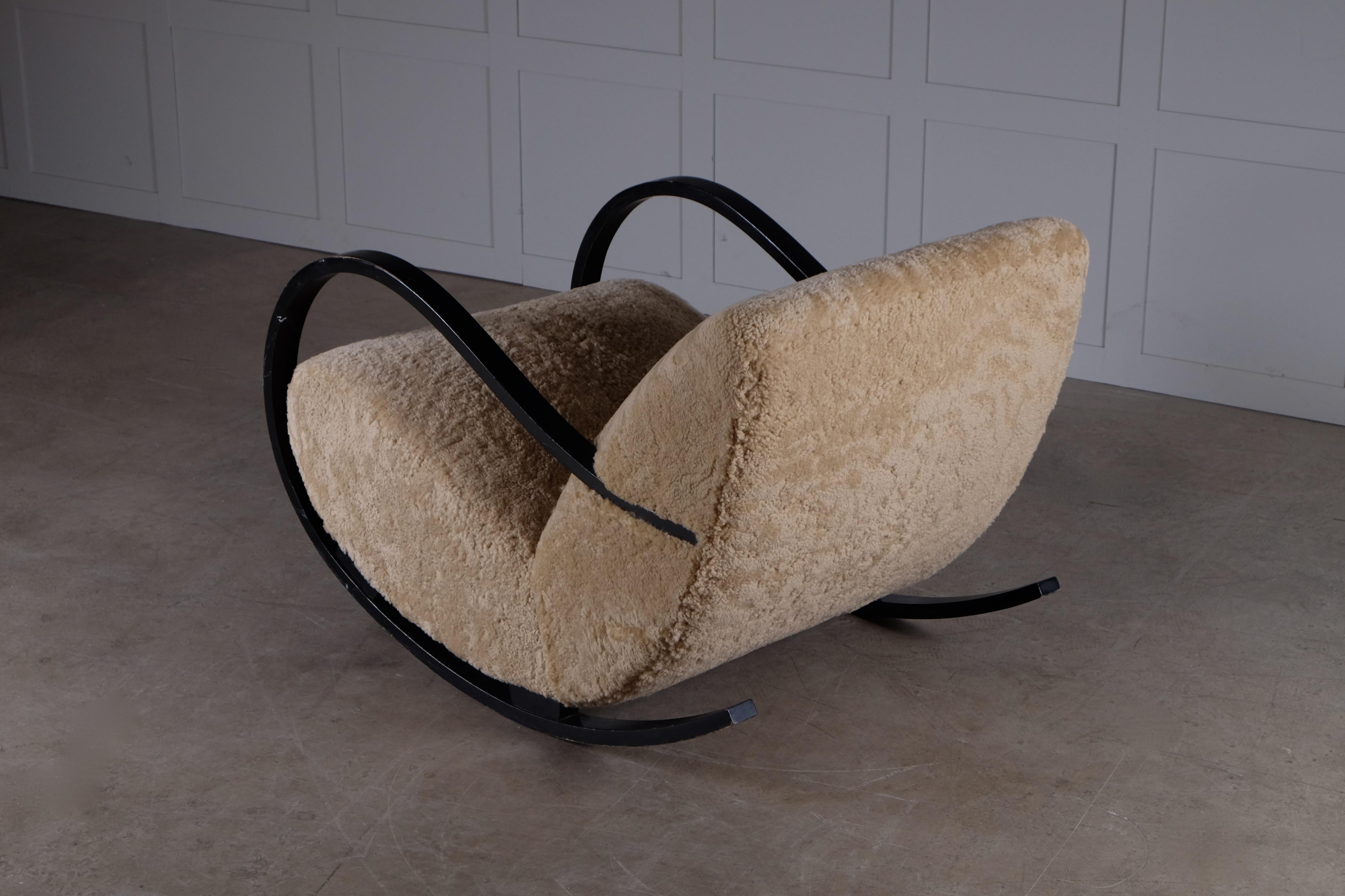 Mid-20th Century Swedish Rocking Chair in Sheepskin, 1950s For Sale