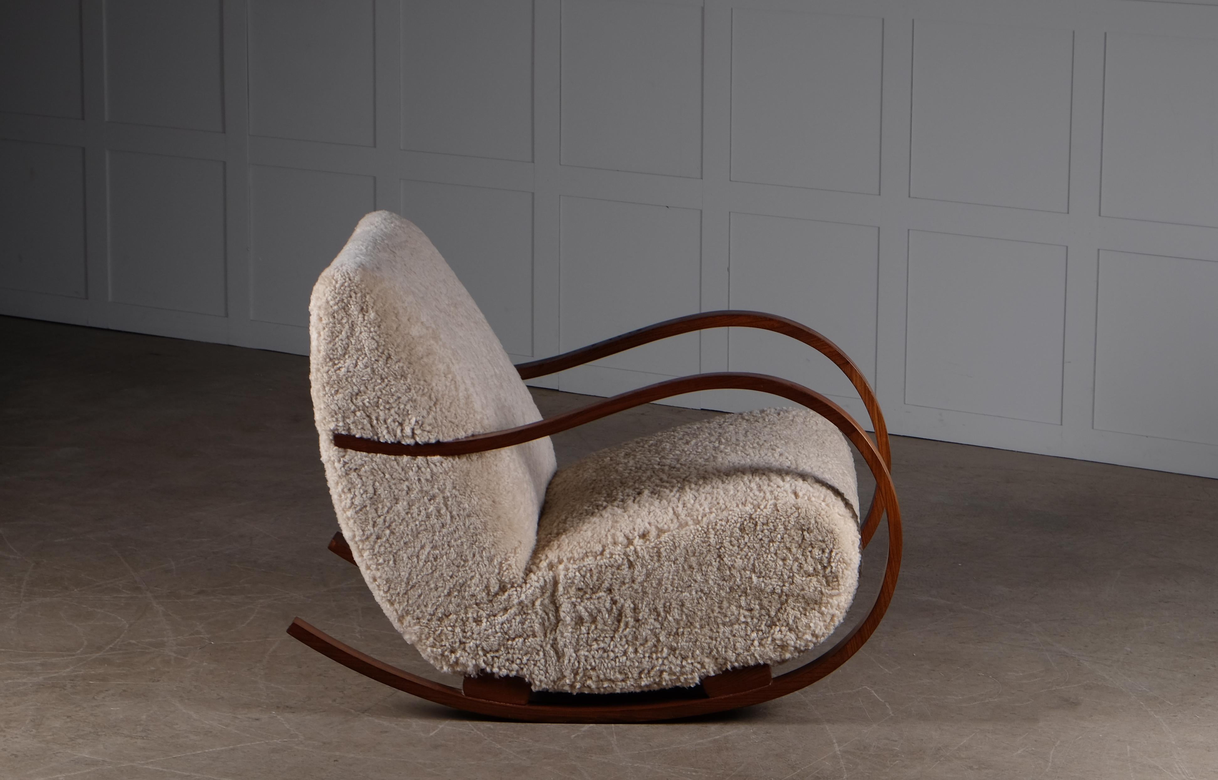 Mid-20th Century Swedish Rocking Chair in Sheepskin, 1950s For Sale