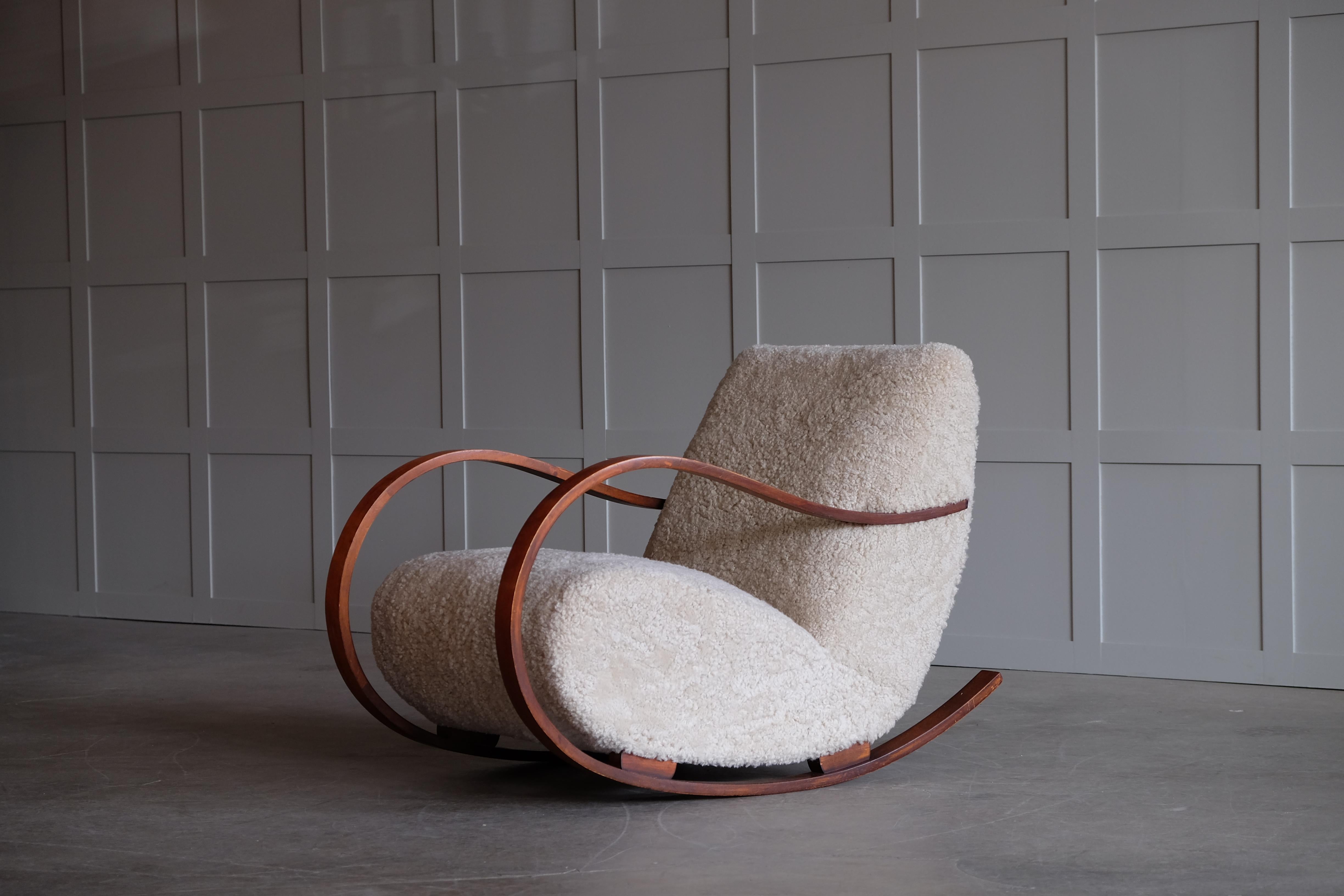 Swedish Rocking Chair in Sheepskin, 1950s 3