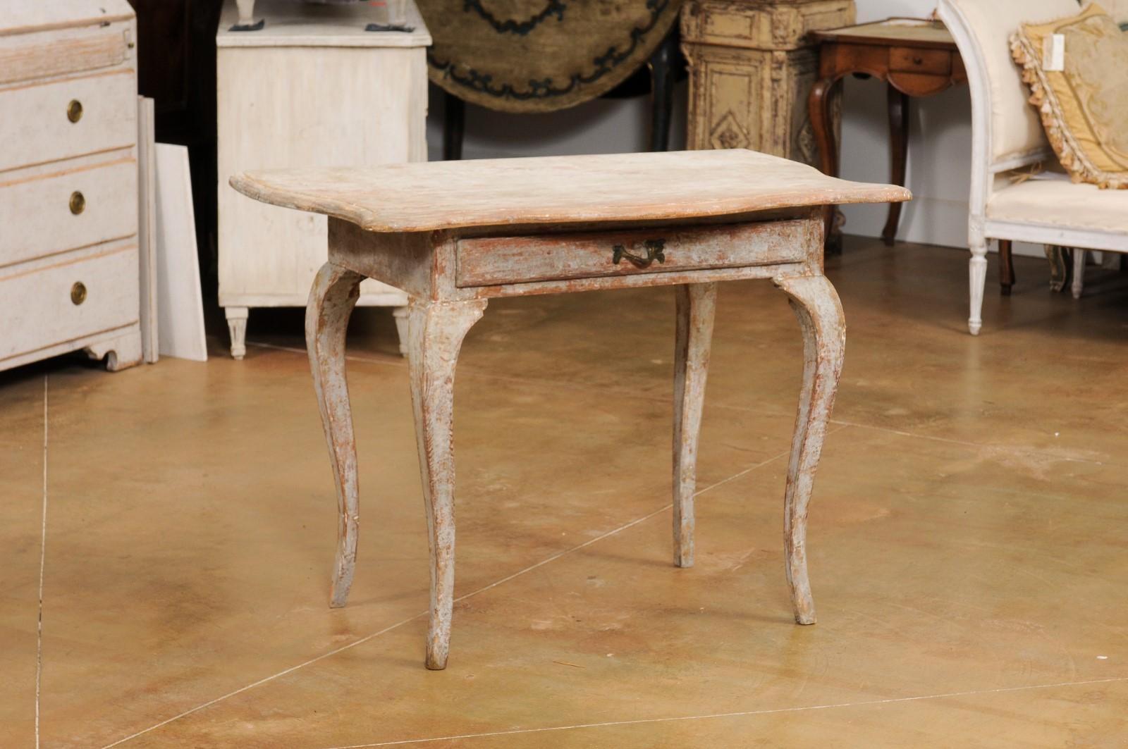 Carved Swedish Rococo 1780s Painted Table with Serpentine Front and Distressed Finish