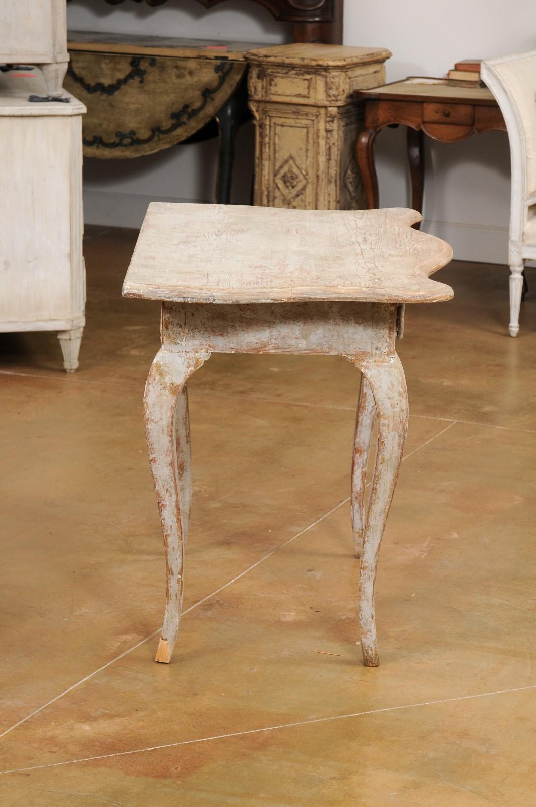 18th Century Swedish Rococo 1780s Painted Table with Serpentine Front and Distressed Finish