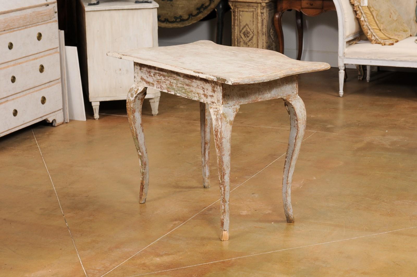 Wood Swedish Rococo 1780s Painted Table with Serpentine Front and Distressed Finish