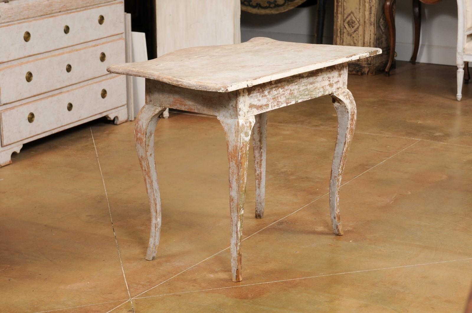 Swedish Rococo 1780s Painted Table with Serpentine Front and Distressed Finish 2