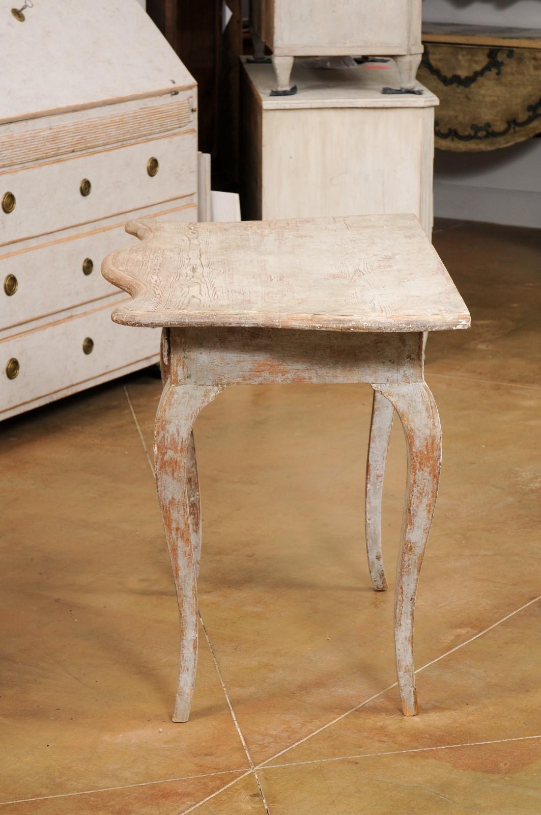 Swedish Rococo 1780s Painted Table with Serpentine Front and Distressed Finish 3