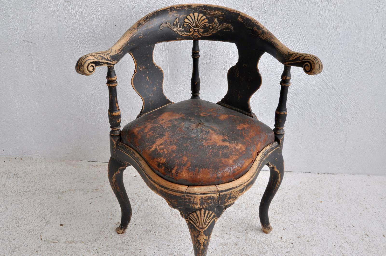 Wood Swedish Rococo Black Corner Chair, 18th Century For Sale