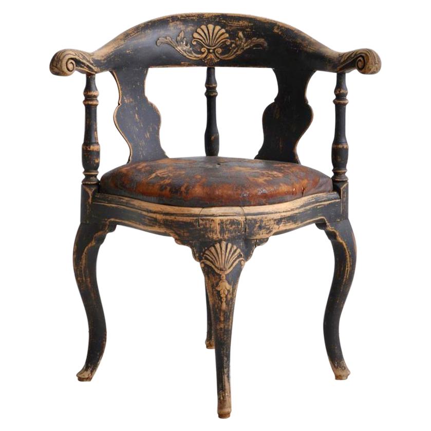 Swedish Rococo Black Corner Chair, 18th Century