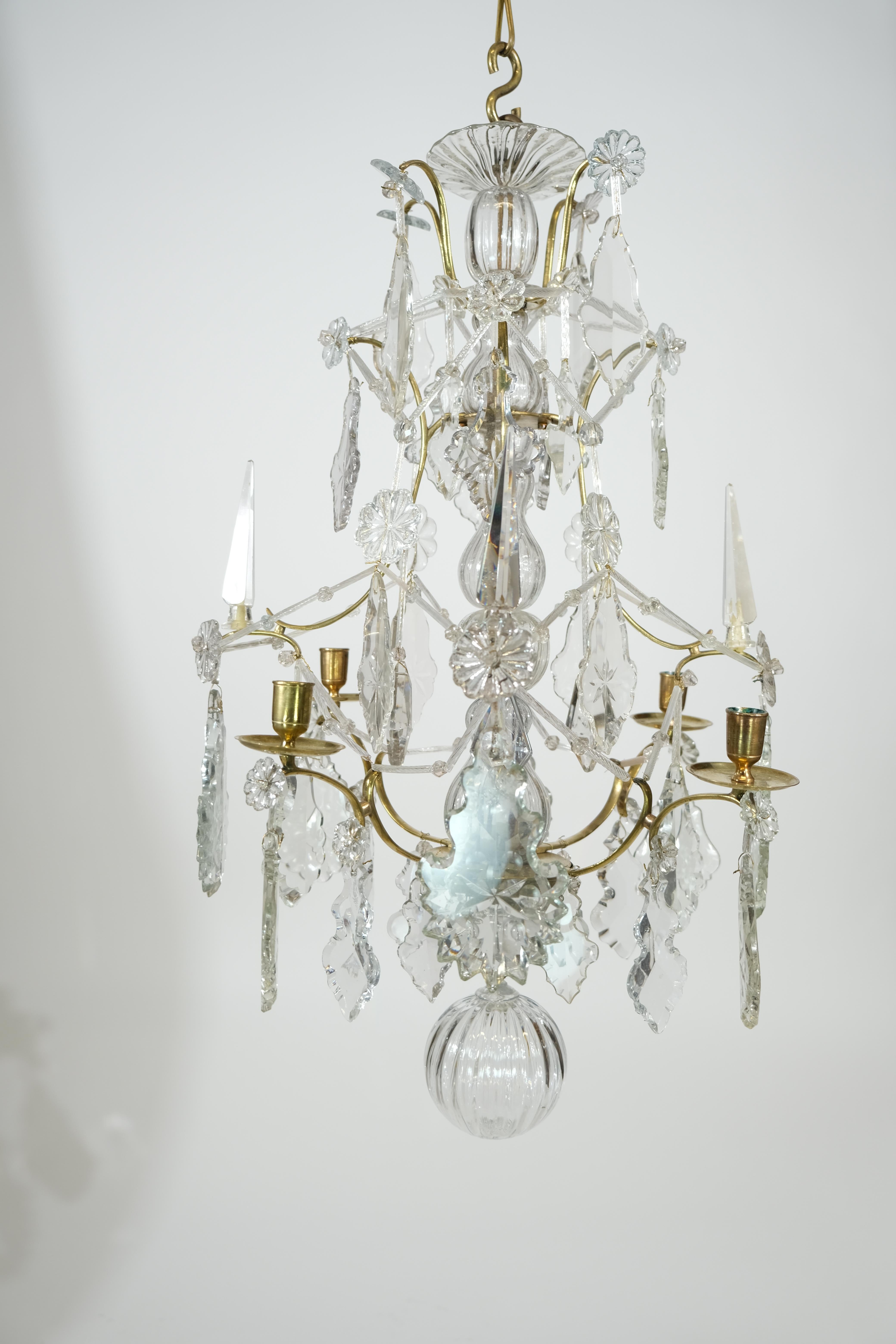 Cast Swedish Rococo Brass and Cut-Glass Chandelier, 18th C