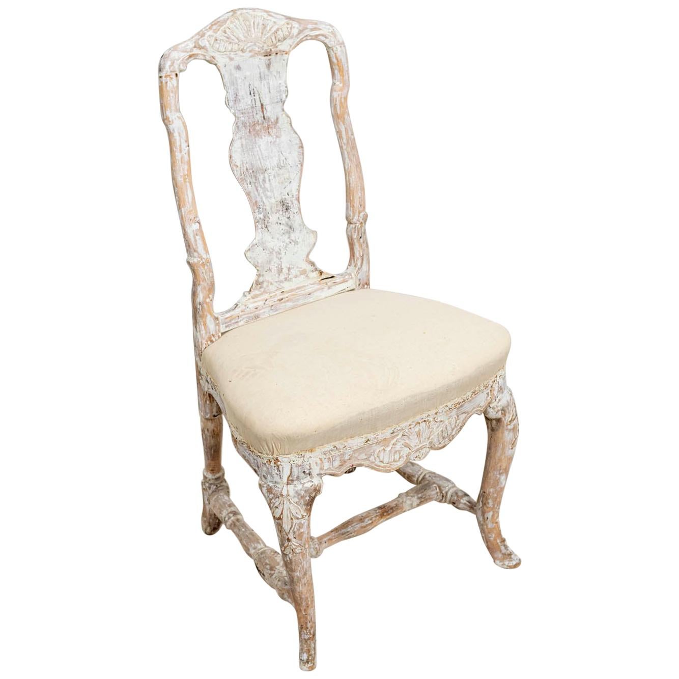 Swedish Rococo Original Painted Carved Shell Detailed Chair, circa 18th Century For Sale