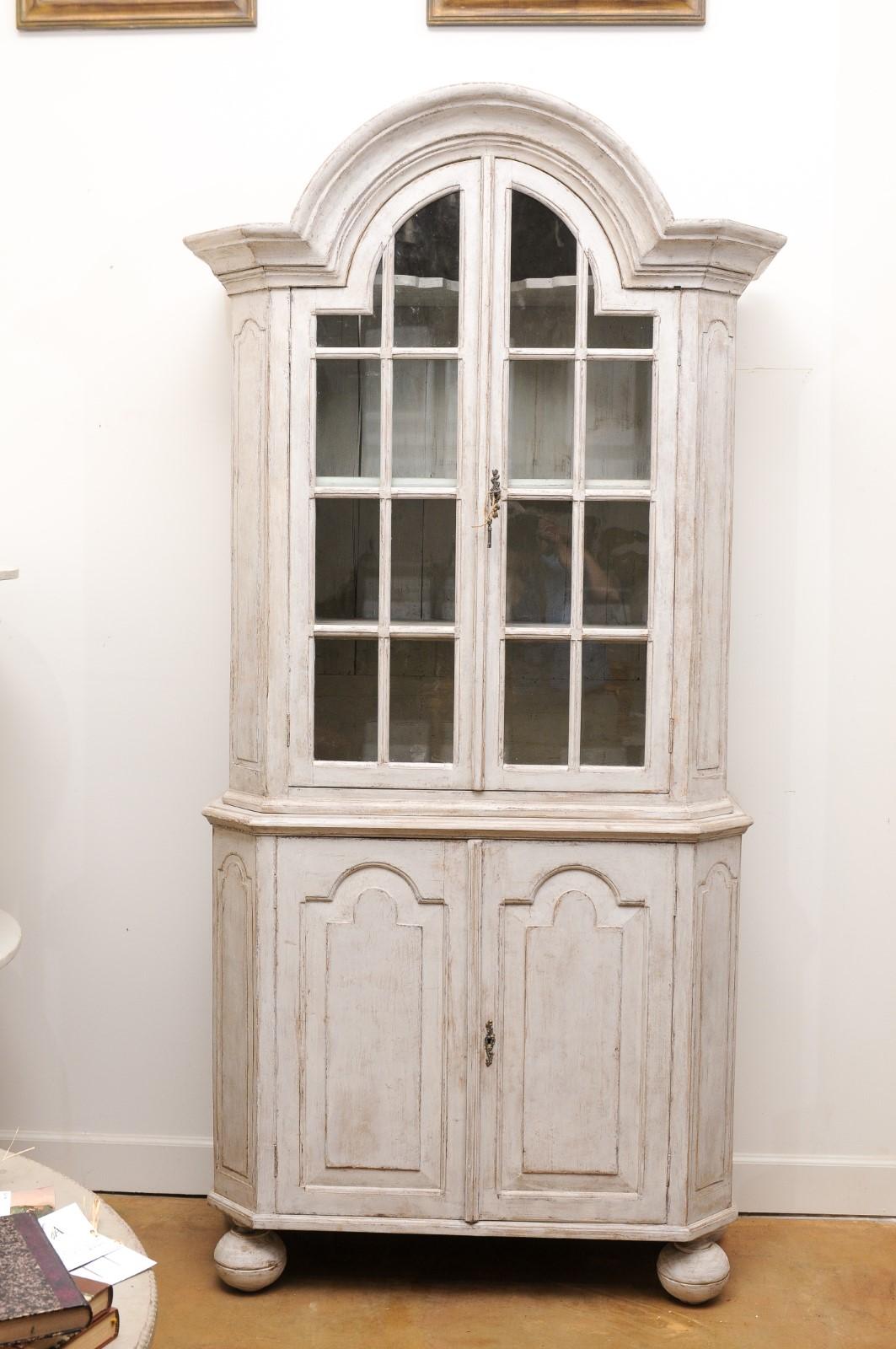 Carved Swedish Rococo Period 1760s Painted Cabinet with Bonnet Top and Glass Doors