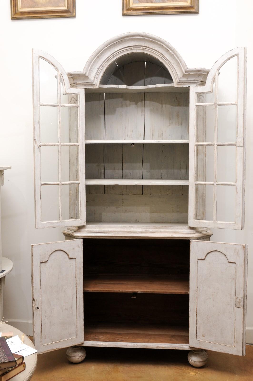 18th Century Swedish Rococo Period 1760s Painted Cabinet with Bonnet Top and Glass Doors