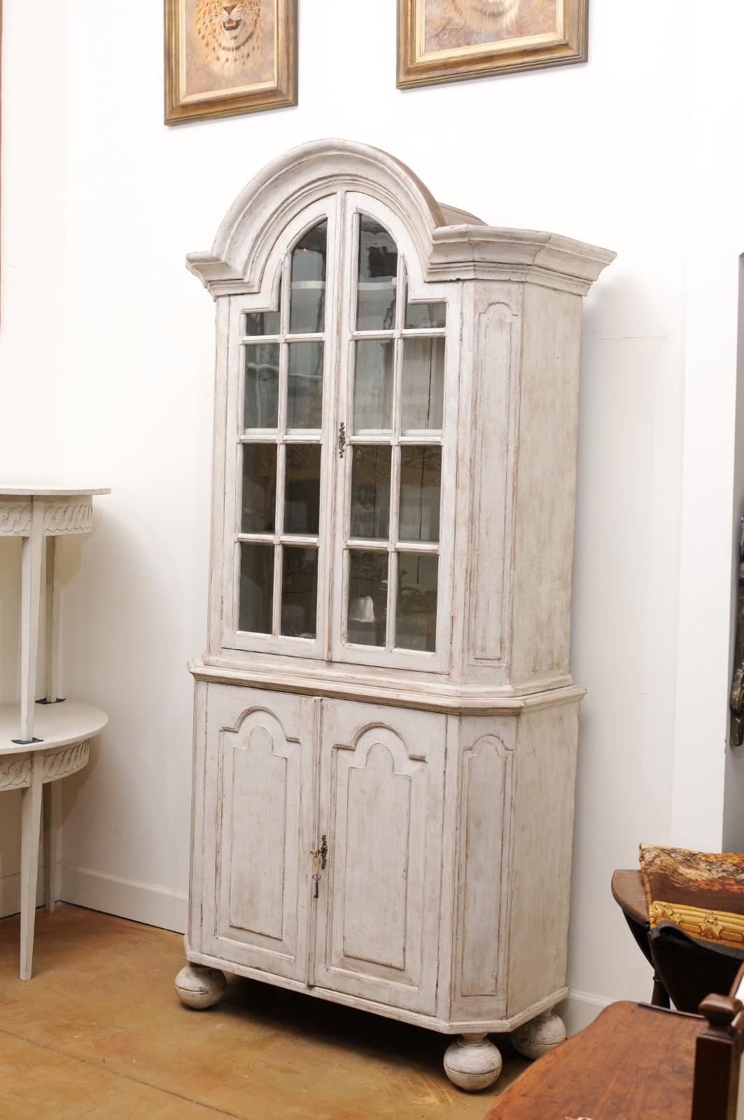 Swedish Rococo Period 1760s Painted Cabinet with Bonnet Top and Glass Doors 2