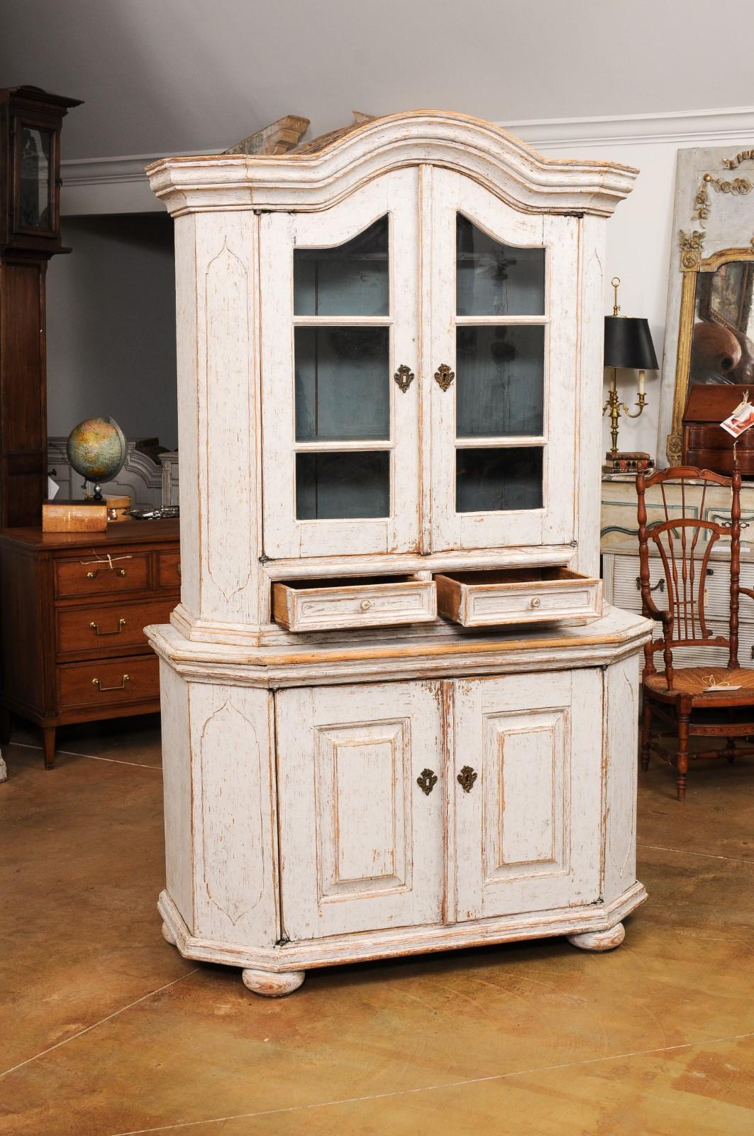 Glass Swedish Rococo Period 1780s Painted Vitrine Cabinet with Molded Bonnet Top For Sale