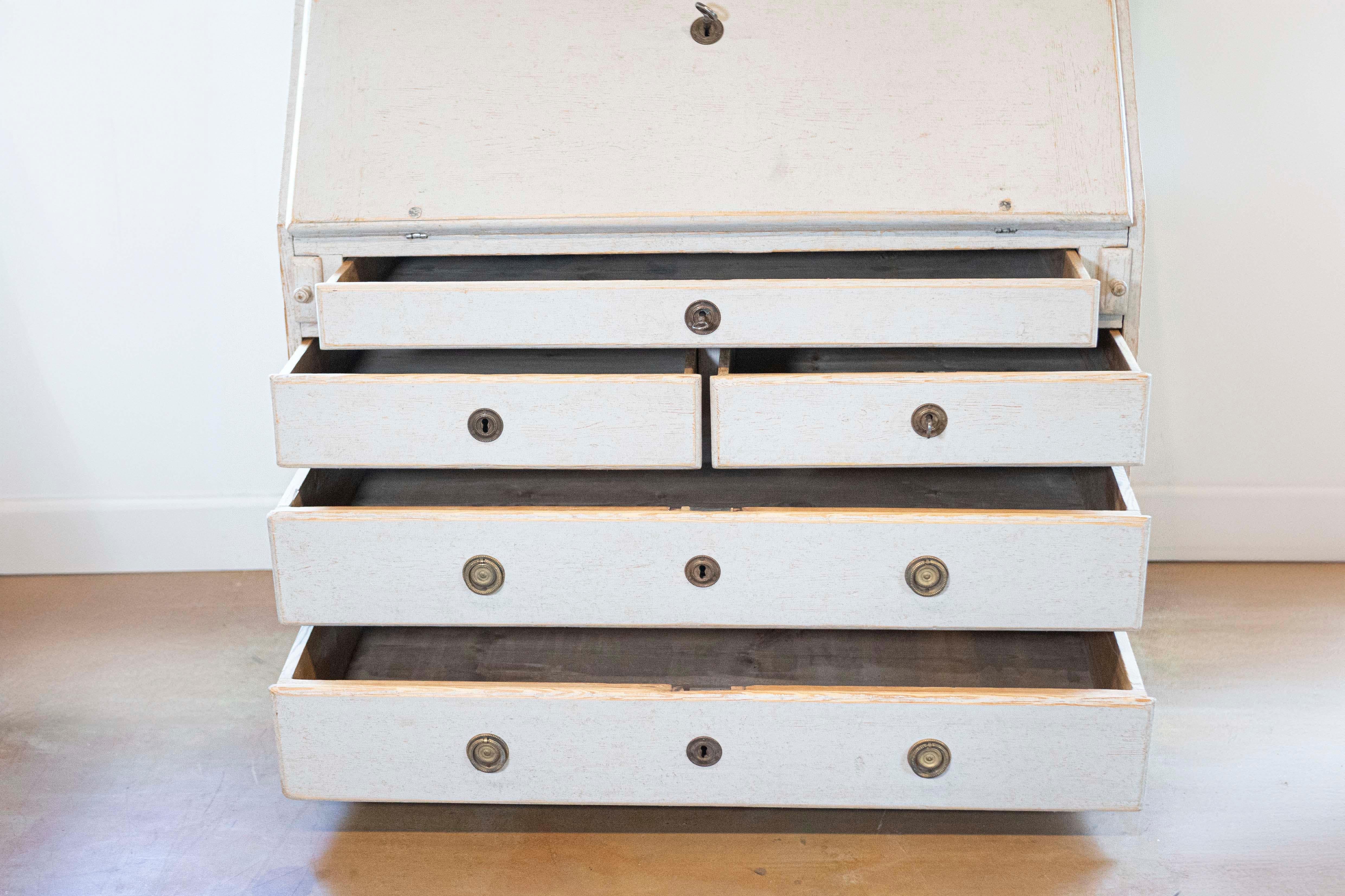 Swedish Rococo Period 1790s Painted Two-Part Secretary with Slanted Front Desk 5