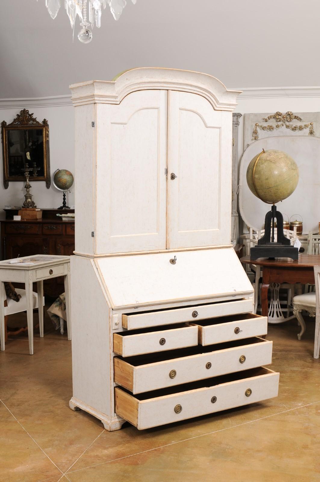 Carved Swedish Rococo Period 1790s Painted Two-Part Secretary with Slanted Front Desk For Sale