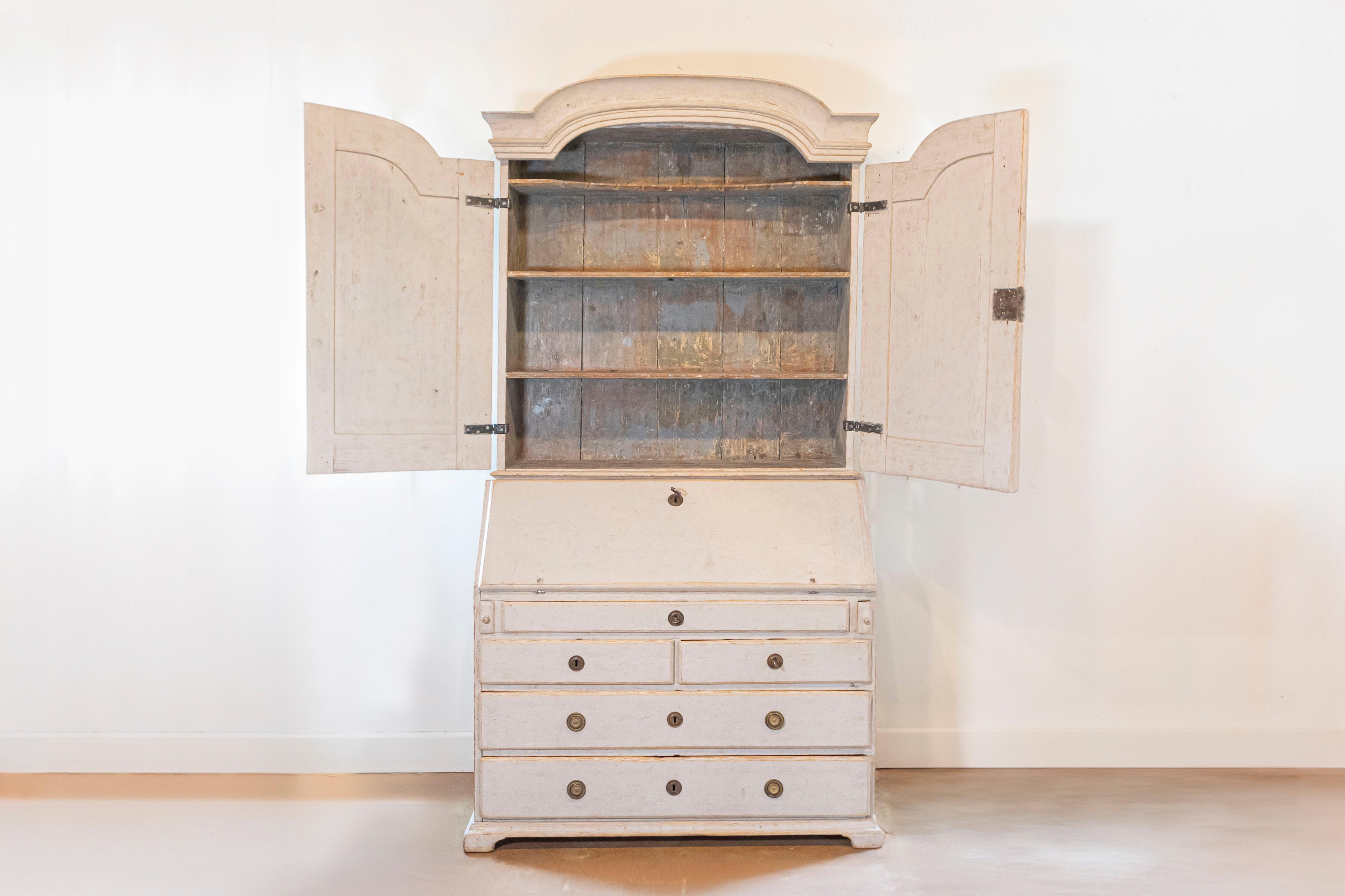 Carved Swedish Rococo Period 1790s Painted Two-Part Secretary with Slanted Front Desk