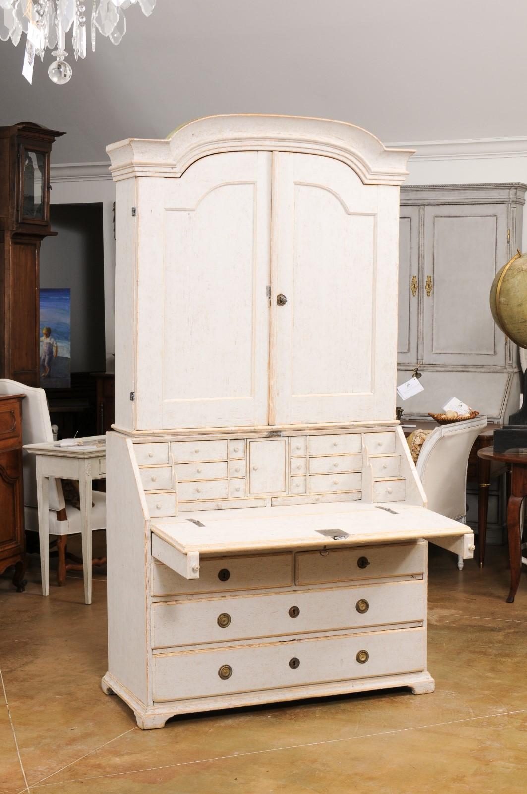 18th Century Swedish Rococo Period 1790s Painted Two-Part Secretary with Slanted Front Desk For Sale