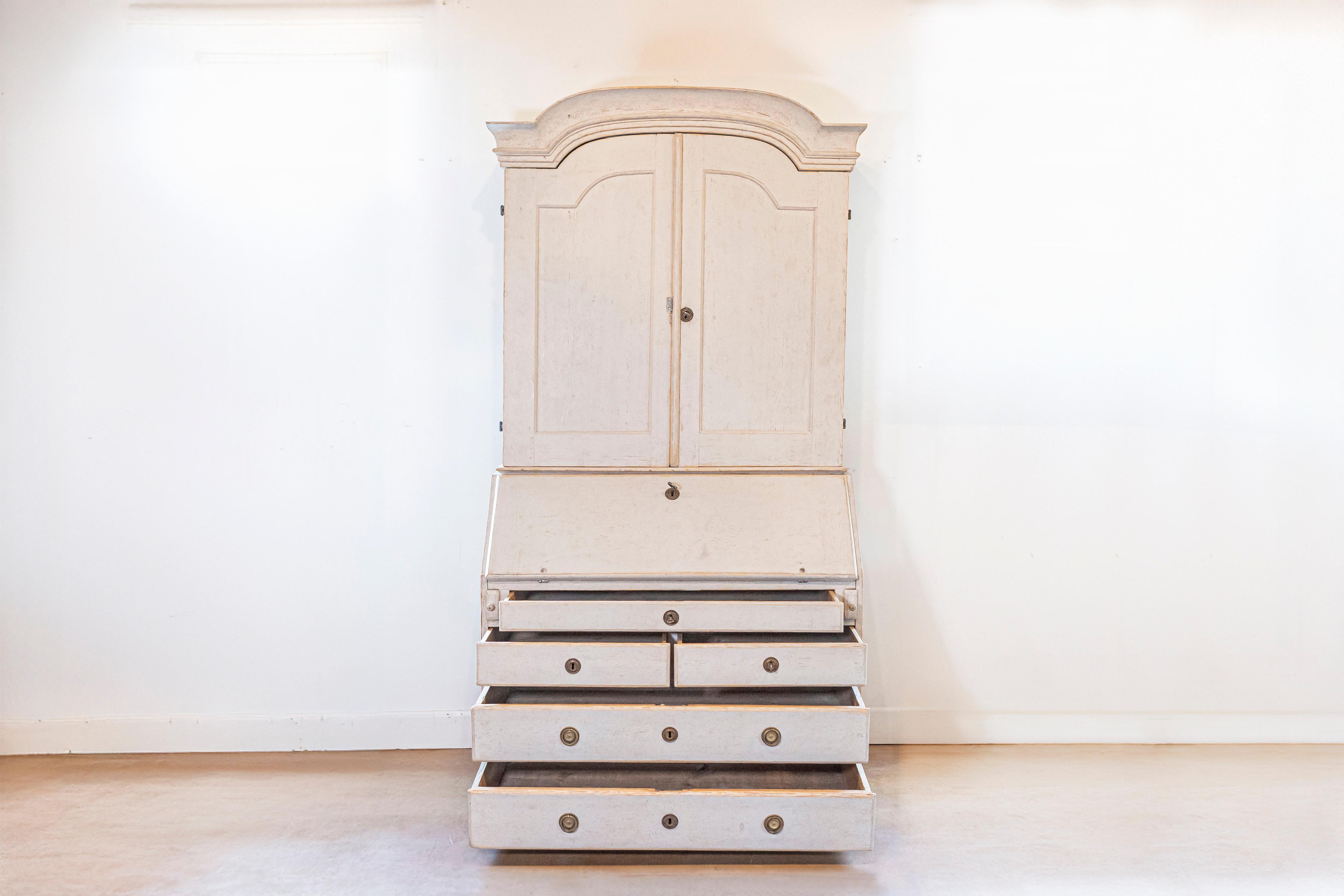 18th Century Swedish Rococo Period 1790s Painted Two-Part Secretary with Slanted Front Desk
