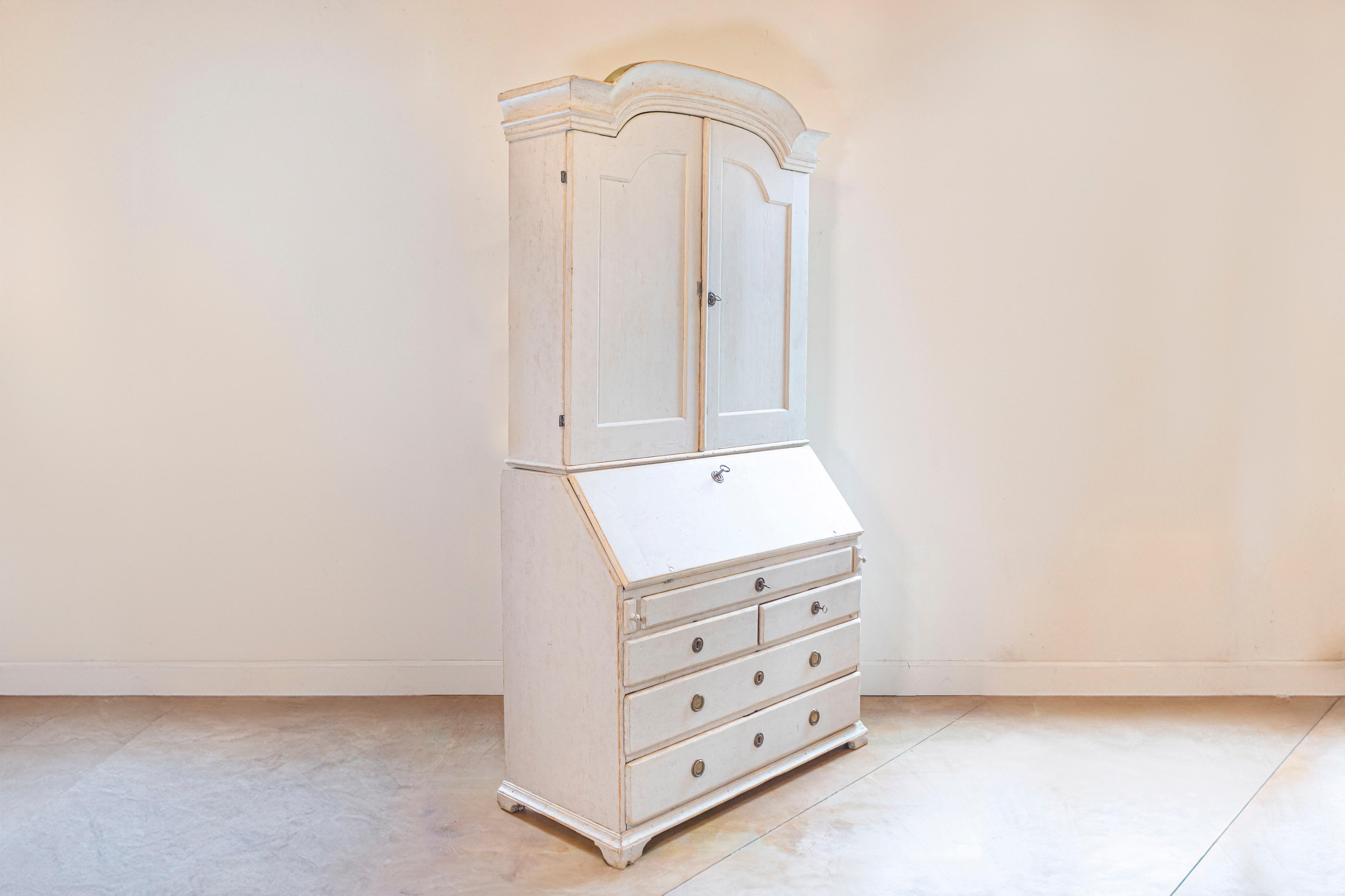 Wood Swedish Rococo Period 1790s Painted Two-Part Secretary with Slanted Front Desk