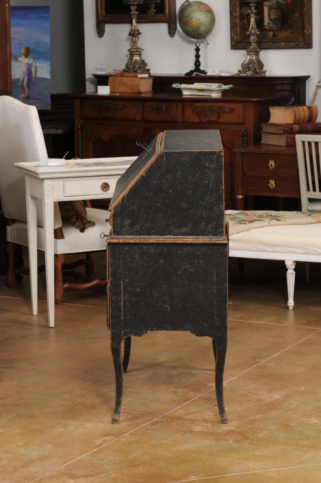 Swedish Rococo Period Slant Front Desk Painted in Black with Distressed Finish 4