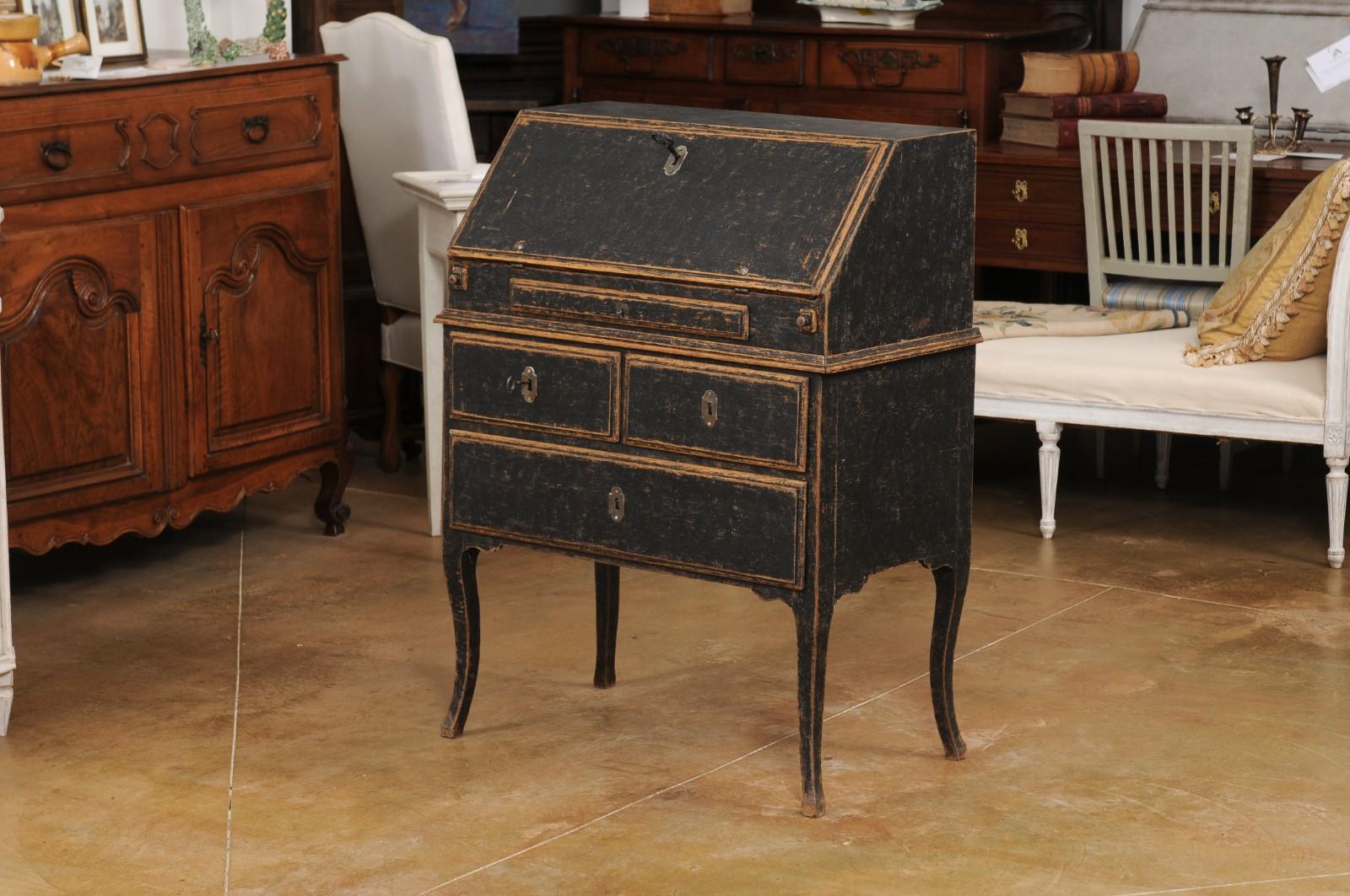 Swedish Rococo Period Slant Front Desk Painted in Black with Distressed Finish 5