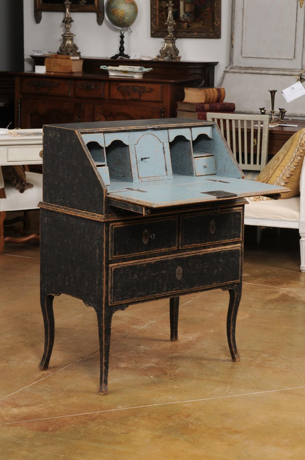 Carved Swedish Rococo Period Slant Front Desk Painted in Black with Distressed Finish