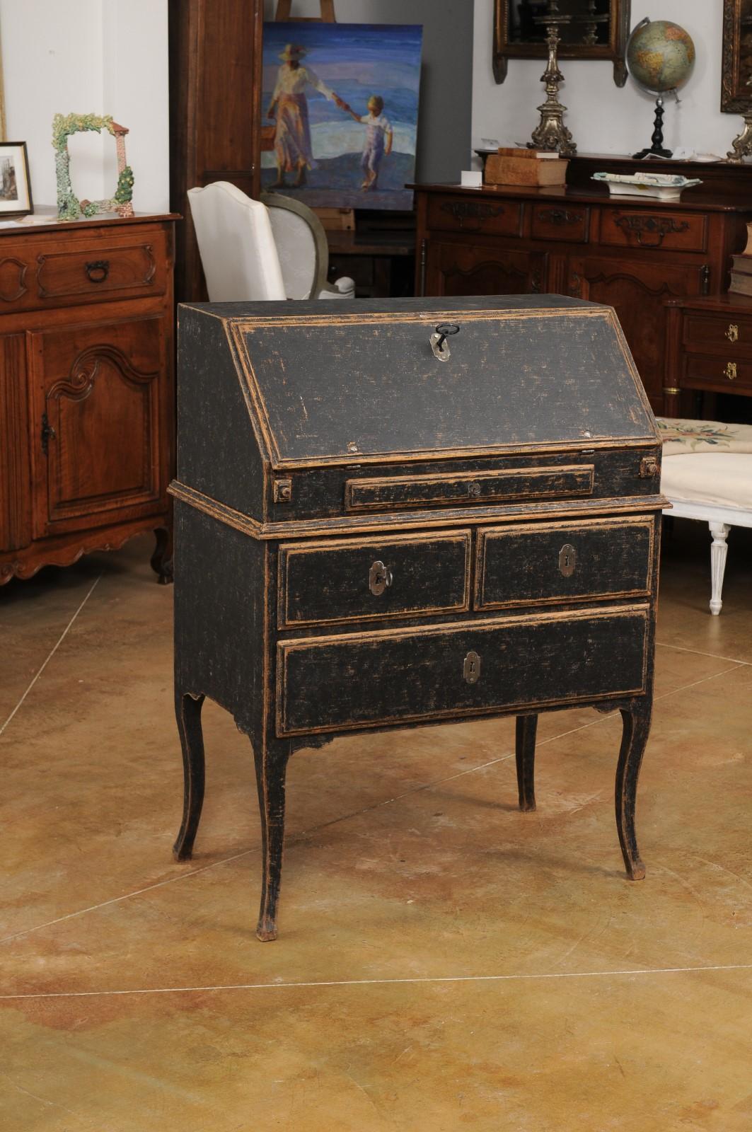 18th Century and Earlier Swedish Rococo Period Slant Front Desk Painted in Black with Distressed Finish