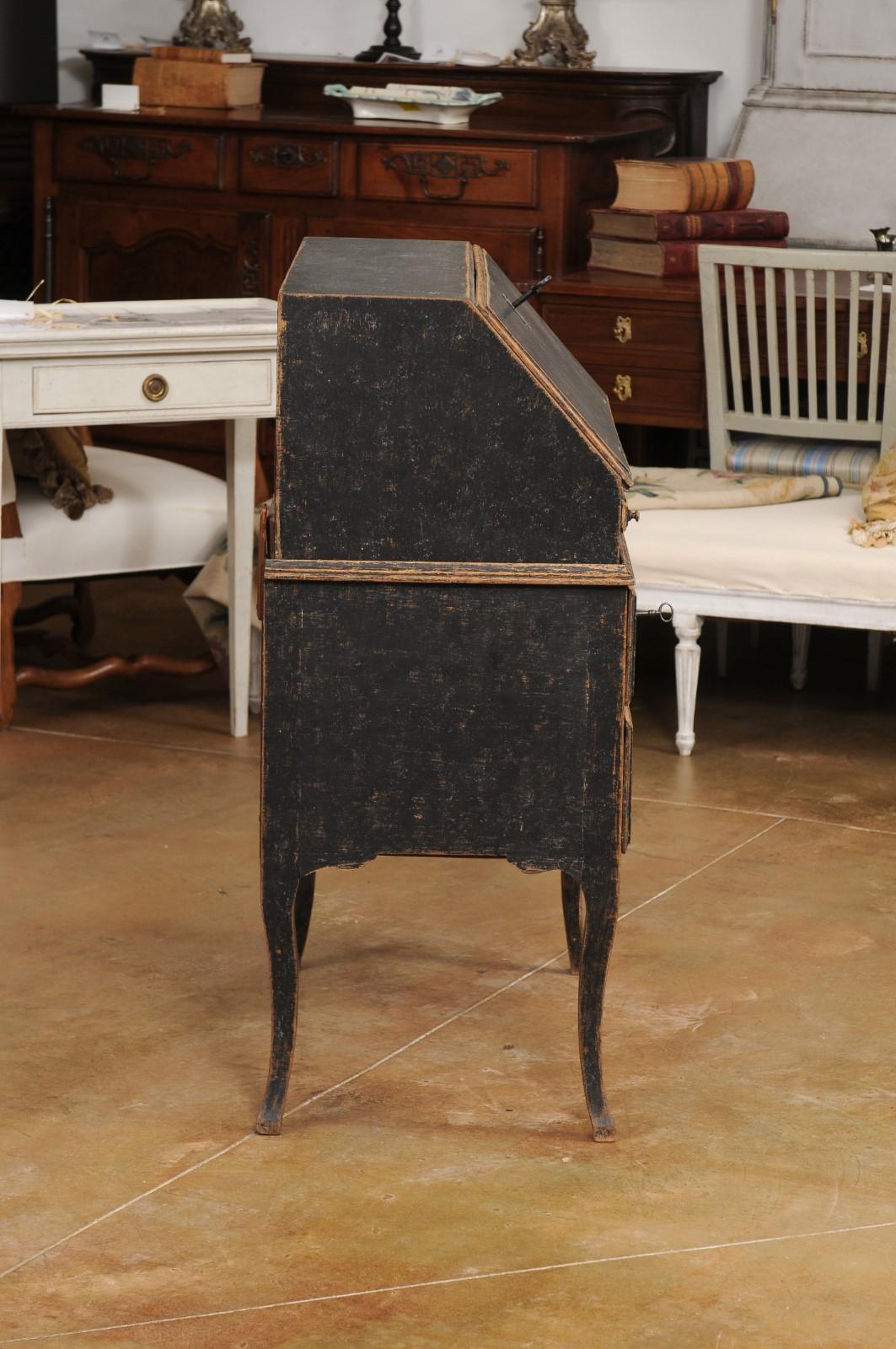 Iron Swedish Rococo Period Slant Front Desk Painted in Black with Distressed Finish