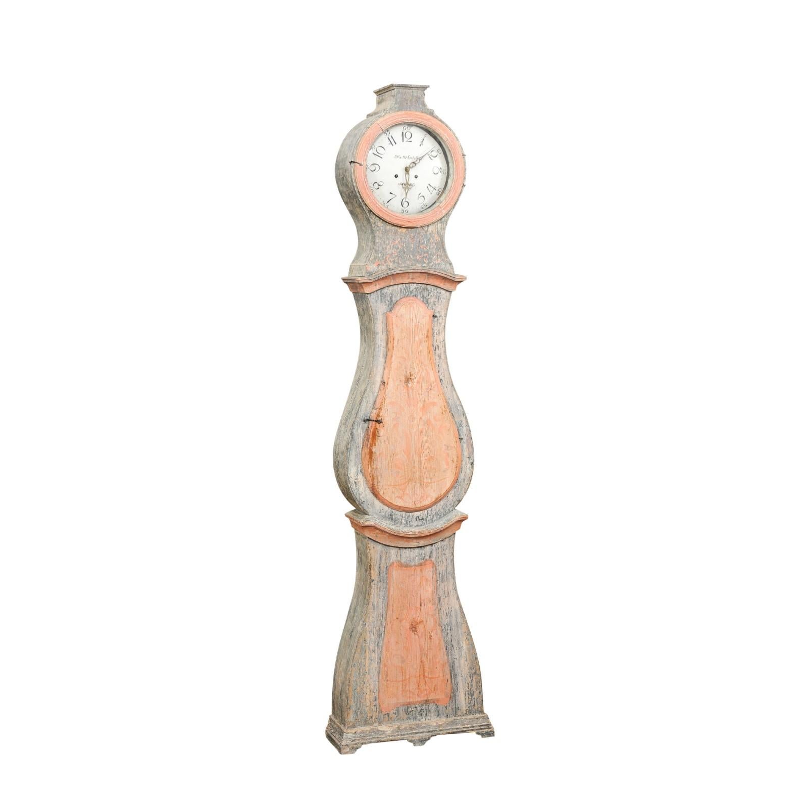 Swedish Rococo Style 1810s Longcase Mora Clock with Two-Toned Original Paint 5
