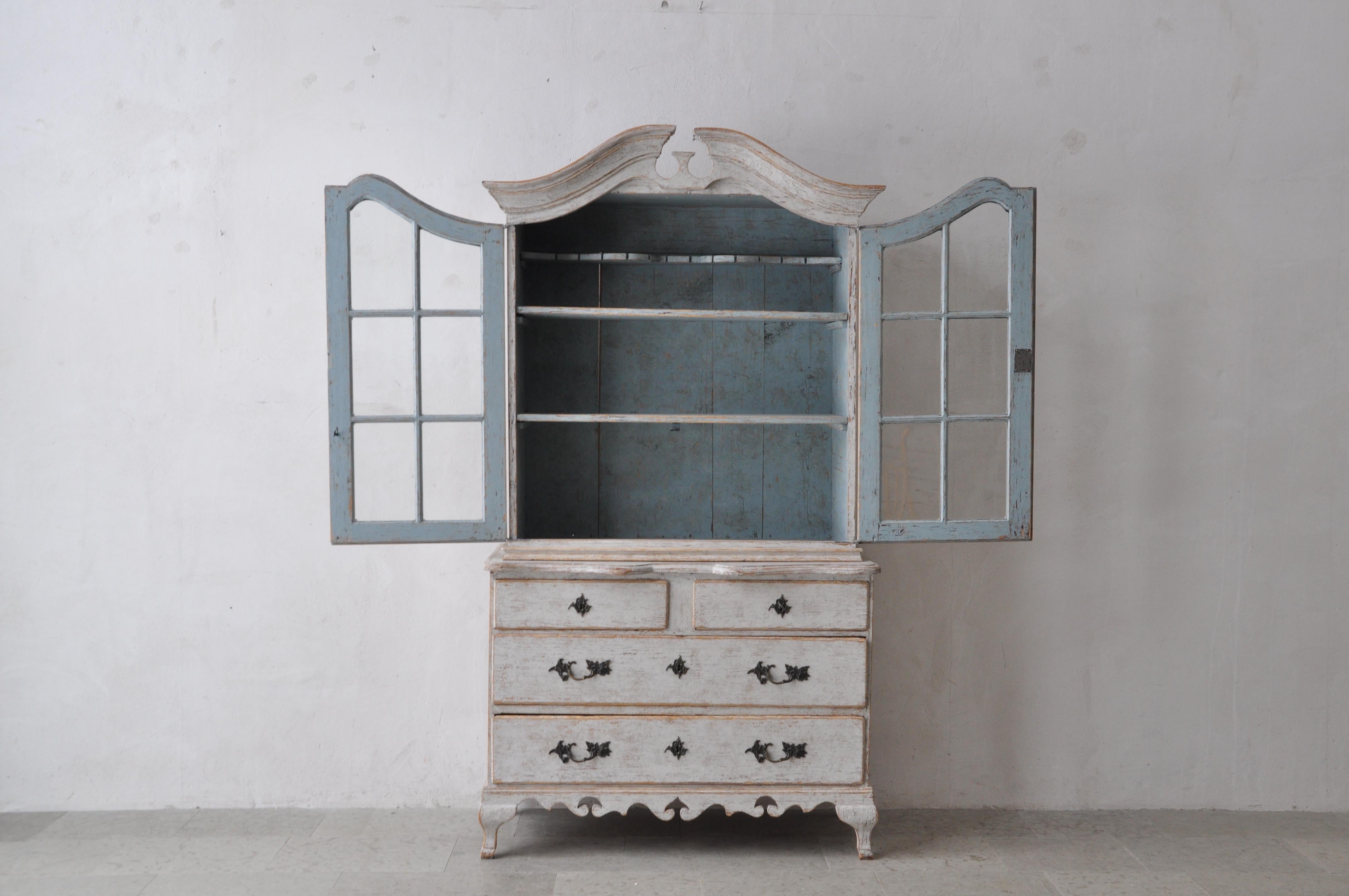 Carved Swedish Rococo Style 1850s Bonnet Top Cabinet with Glass Doors and Drawers For Sale