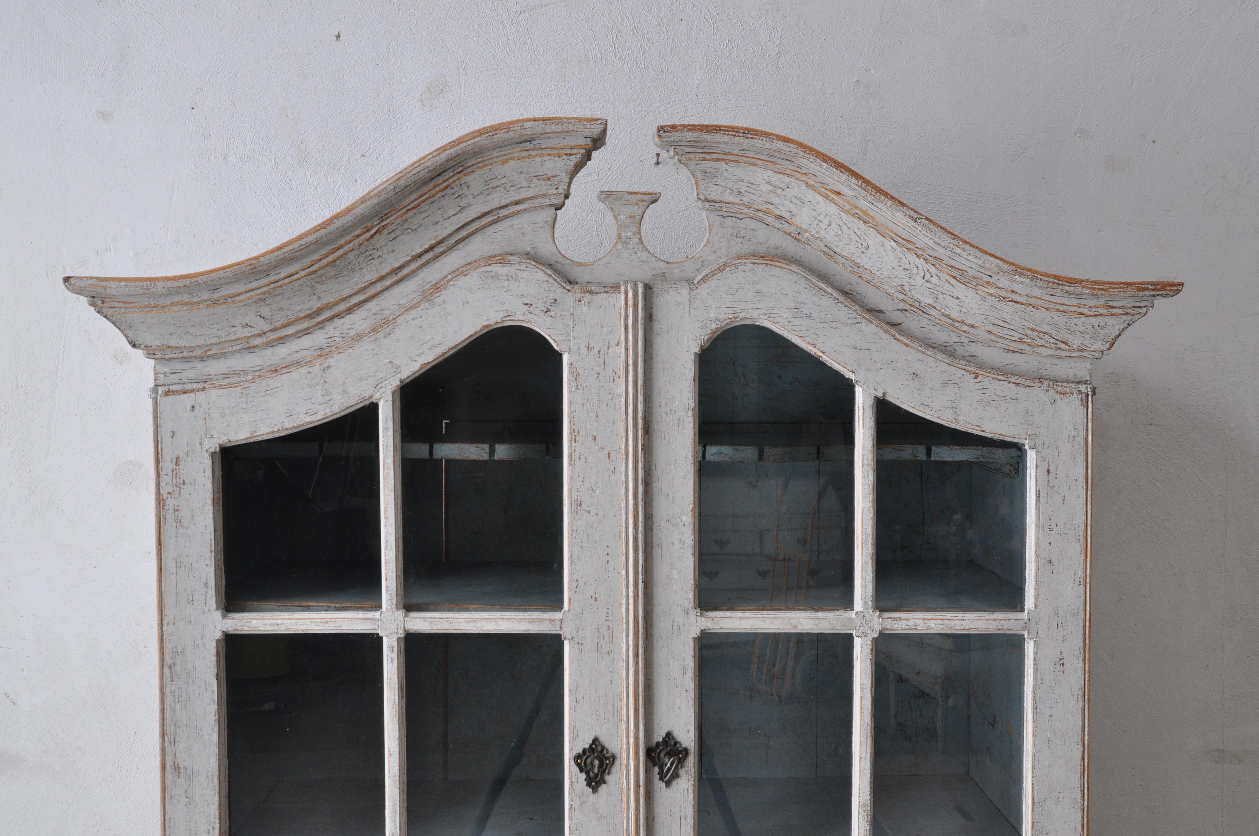 19th Century Swedish Rococo Style 1850s Bonnet Top Cabinet with Glass Doors and Drawers For Sale