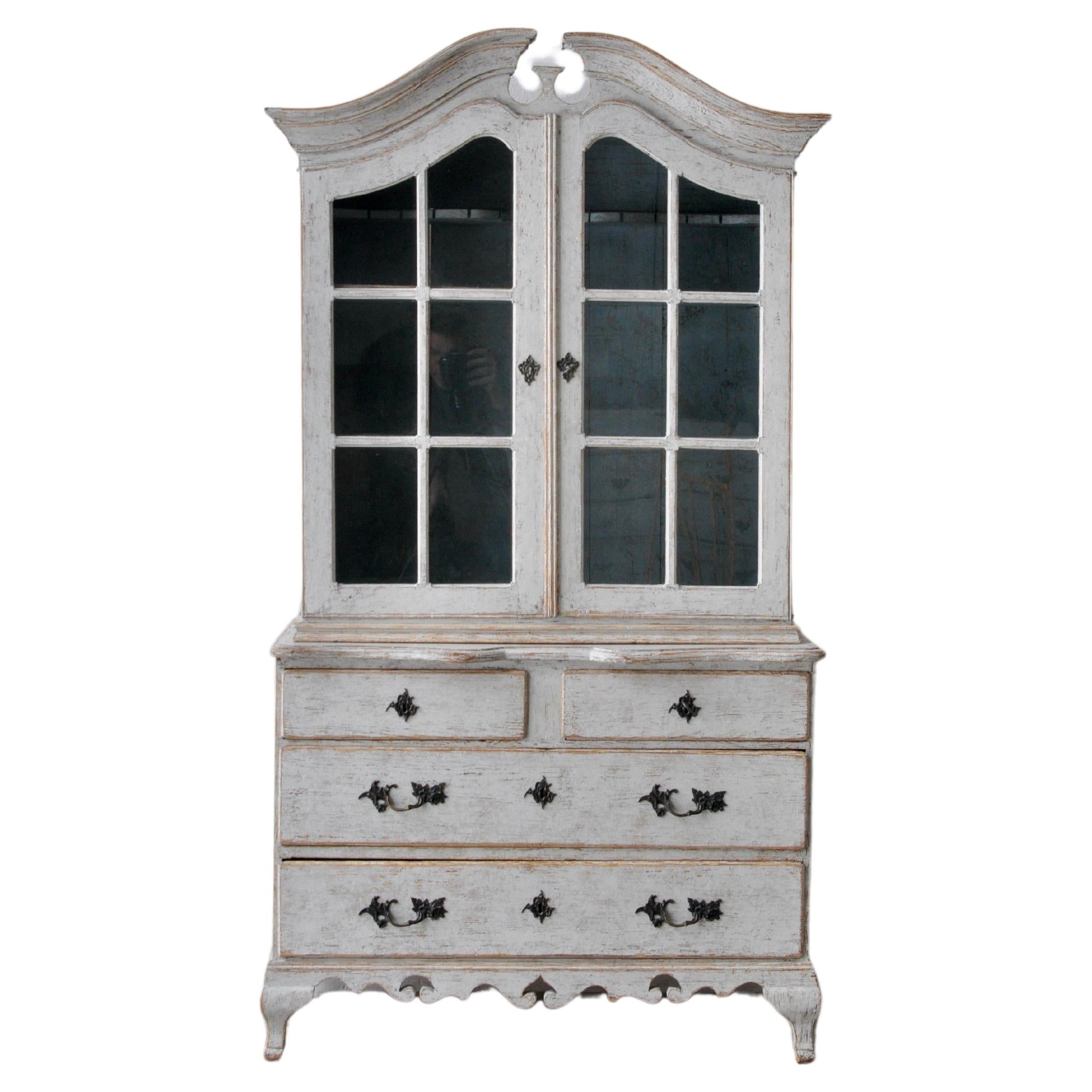Swedish Rococo Style 1850s Bonnet Top Cabinet with Glass Doors and Drawers For Sale