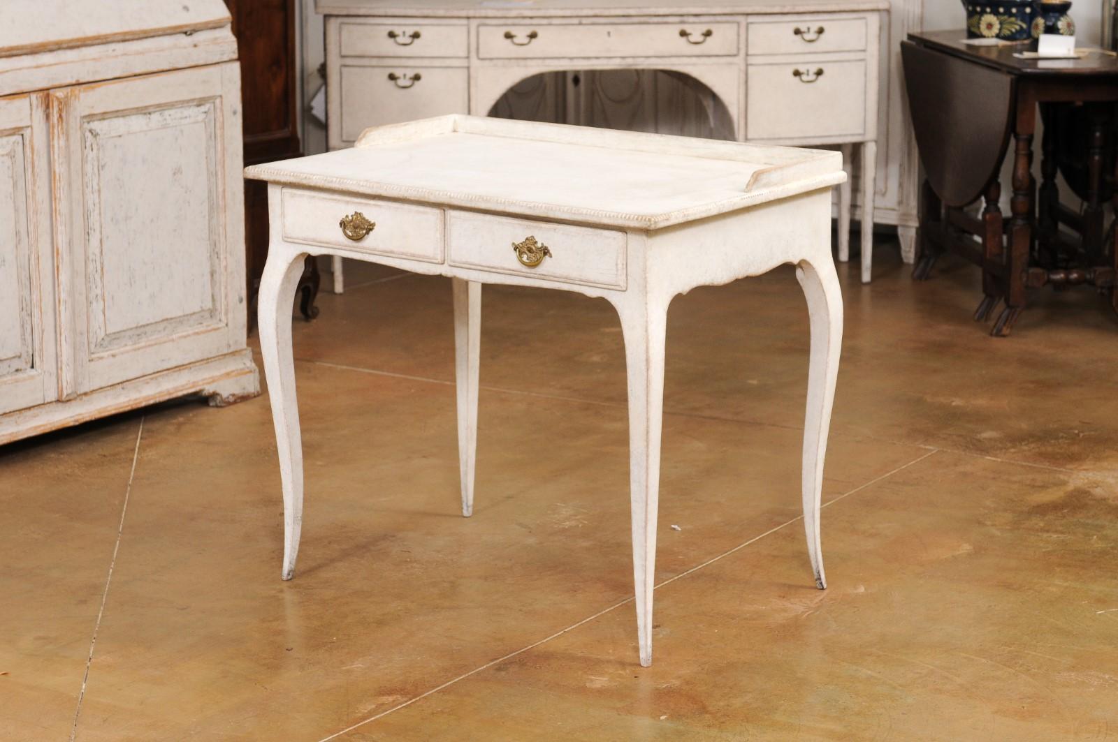 Swedish Rococo Style 1880s Light Painted Desk with Two Drawers and Cabriole Legs 6