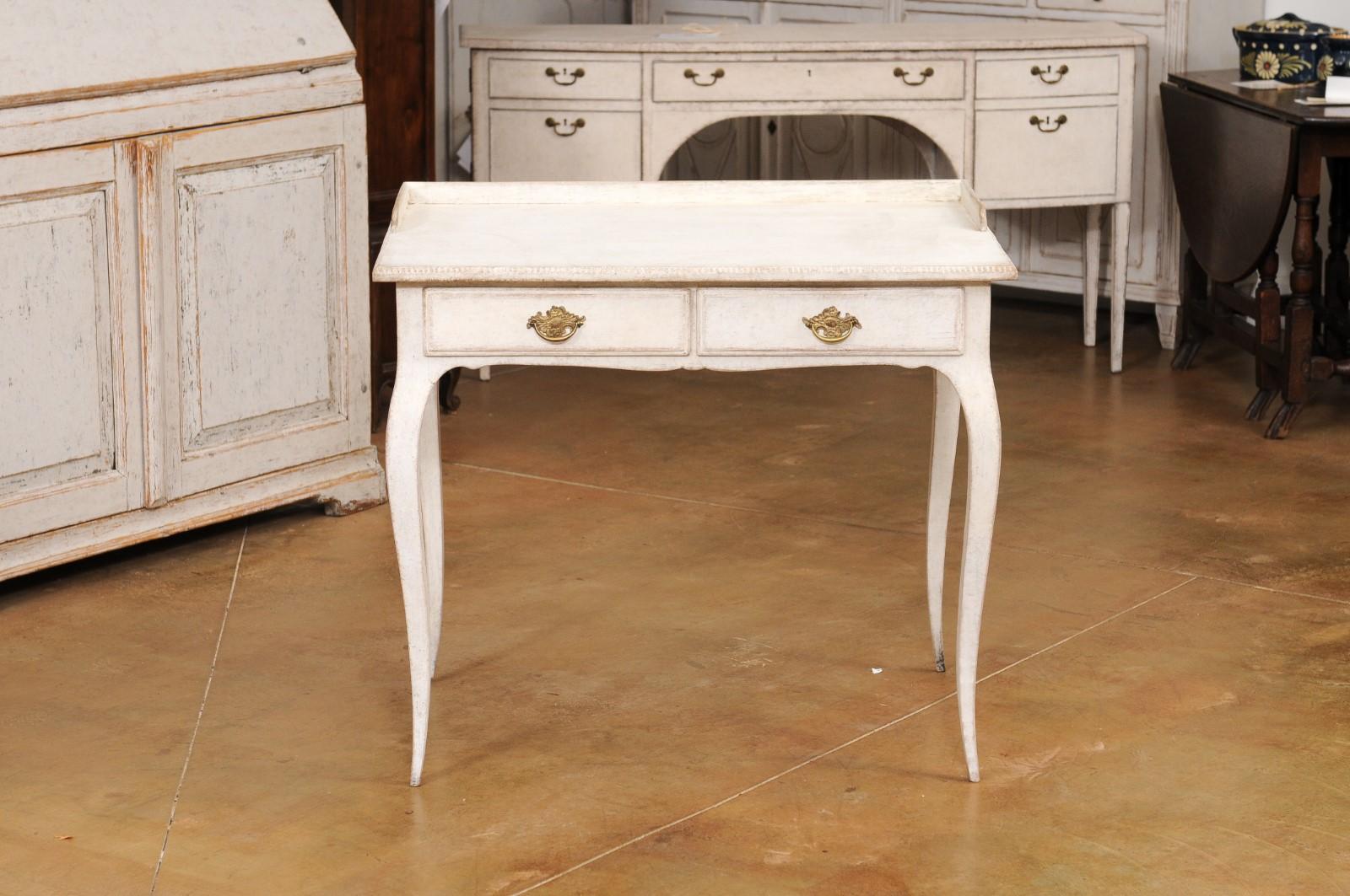 Swedish Rococo Style 1880s Light Painted Desk with Two Drawers and Cabriole Legs 7
