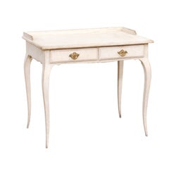 Swedish Rococo Style 1880s Light Painted Desk with Two Drawers and Cabriole Legs