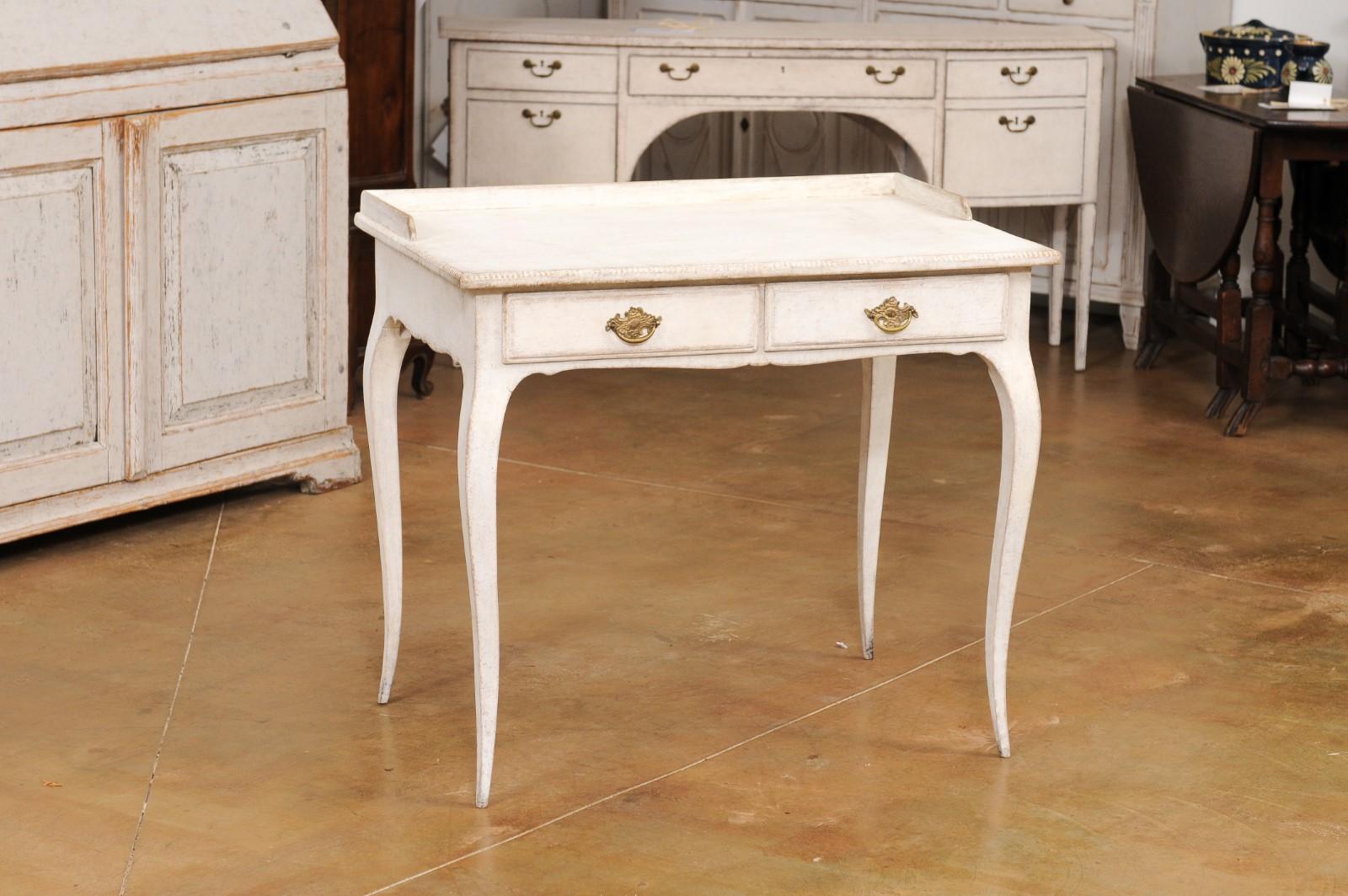 Carved Swedish Rococo Style 1880s Light Painted Desk with Two Drawers and Cabriole Legs