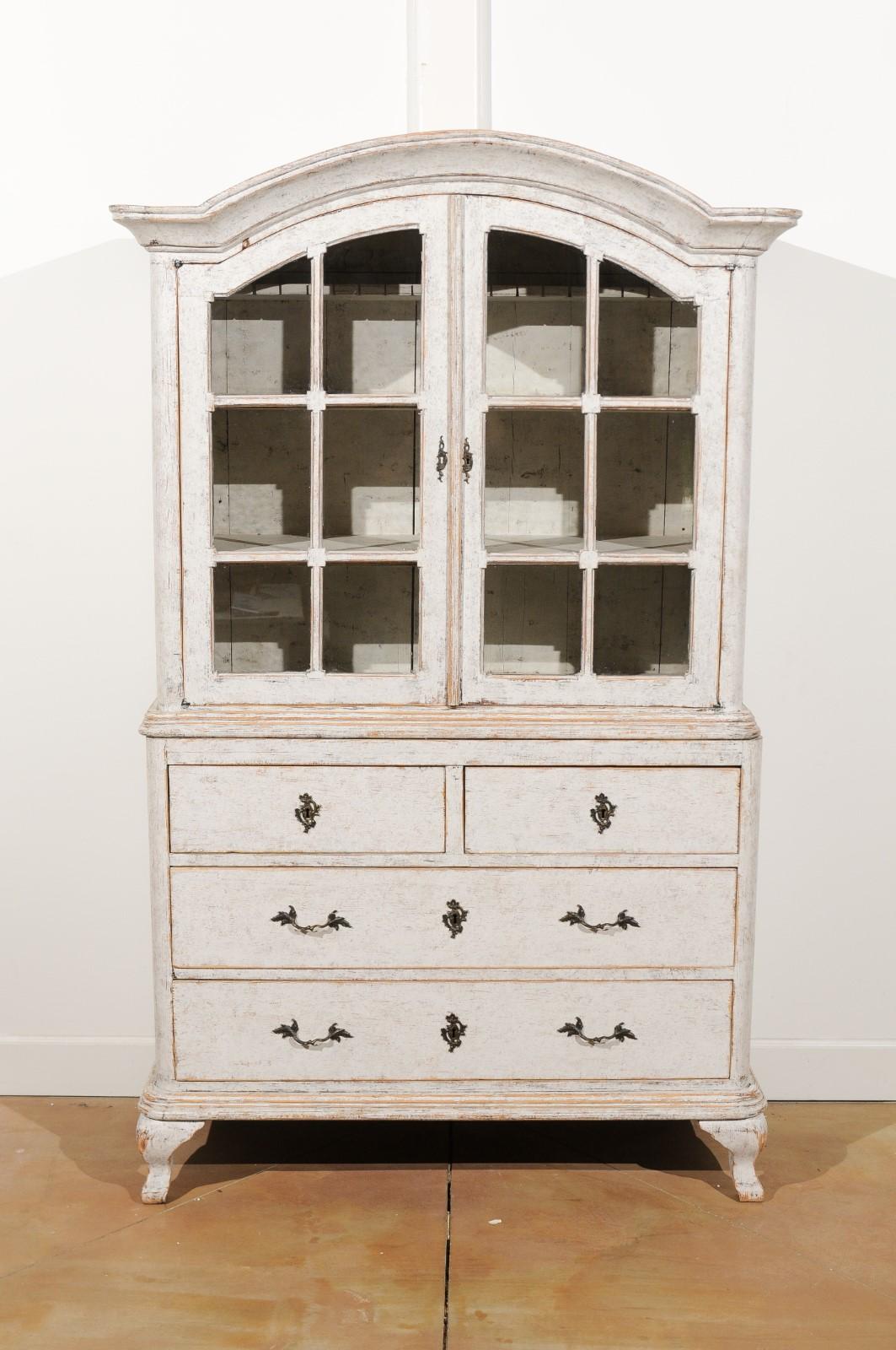 Swedish Rococo Style 19th Century Painted Vitrine with Glass Doors and Drawers In Good Condition For Sale In Atlanta, GA